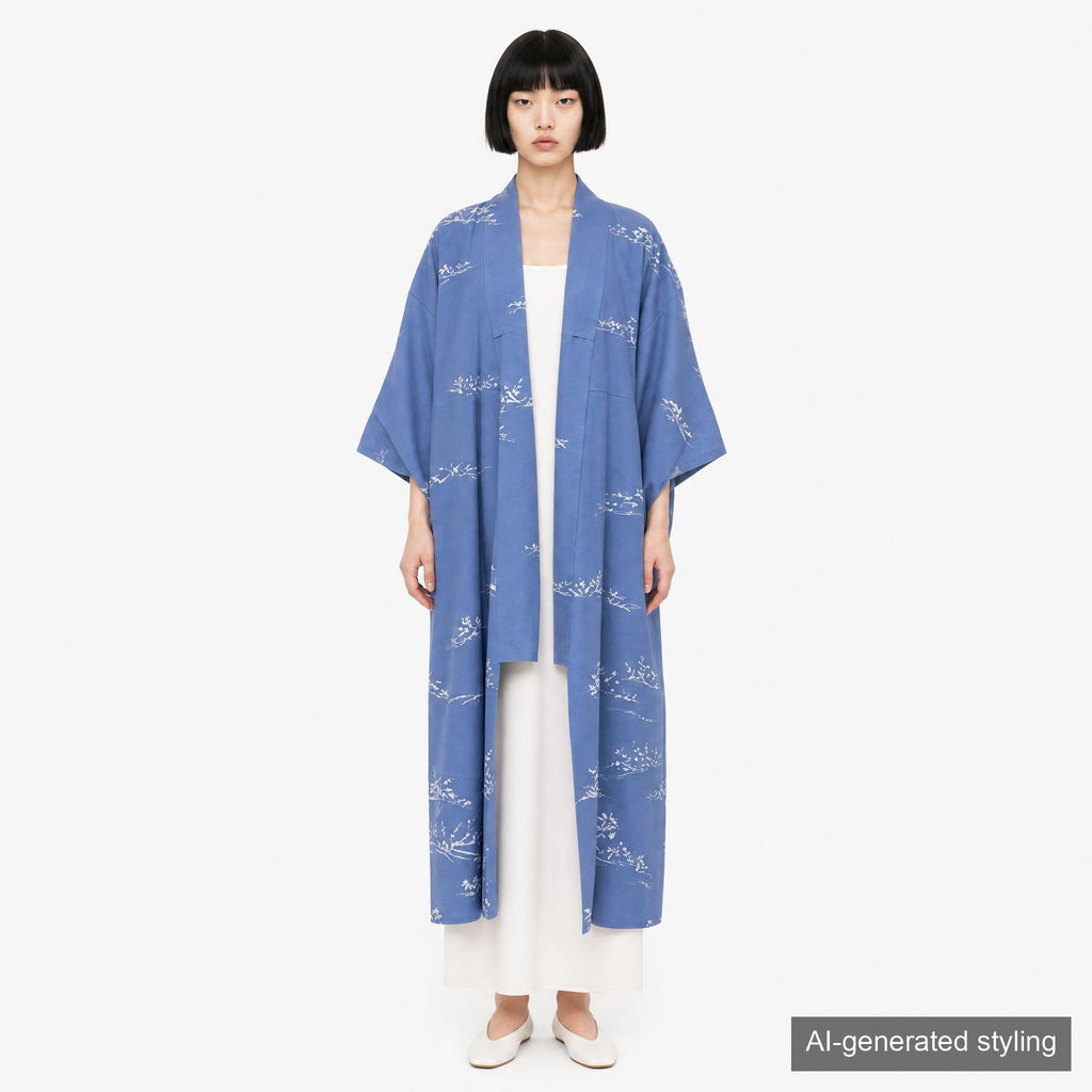 Handcrafted Robe from Vintage Kimono - Blue Tree Leaves Motifs D023