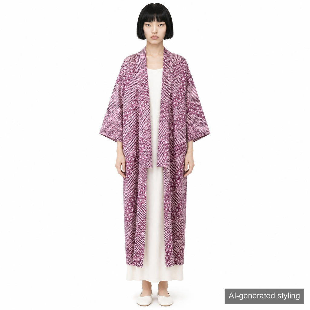 Handcrafted Robe from Vintage Kimono - Purple "ASANOHA" and "SEIGAIHA" Pattern D024