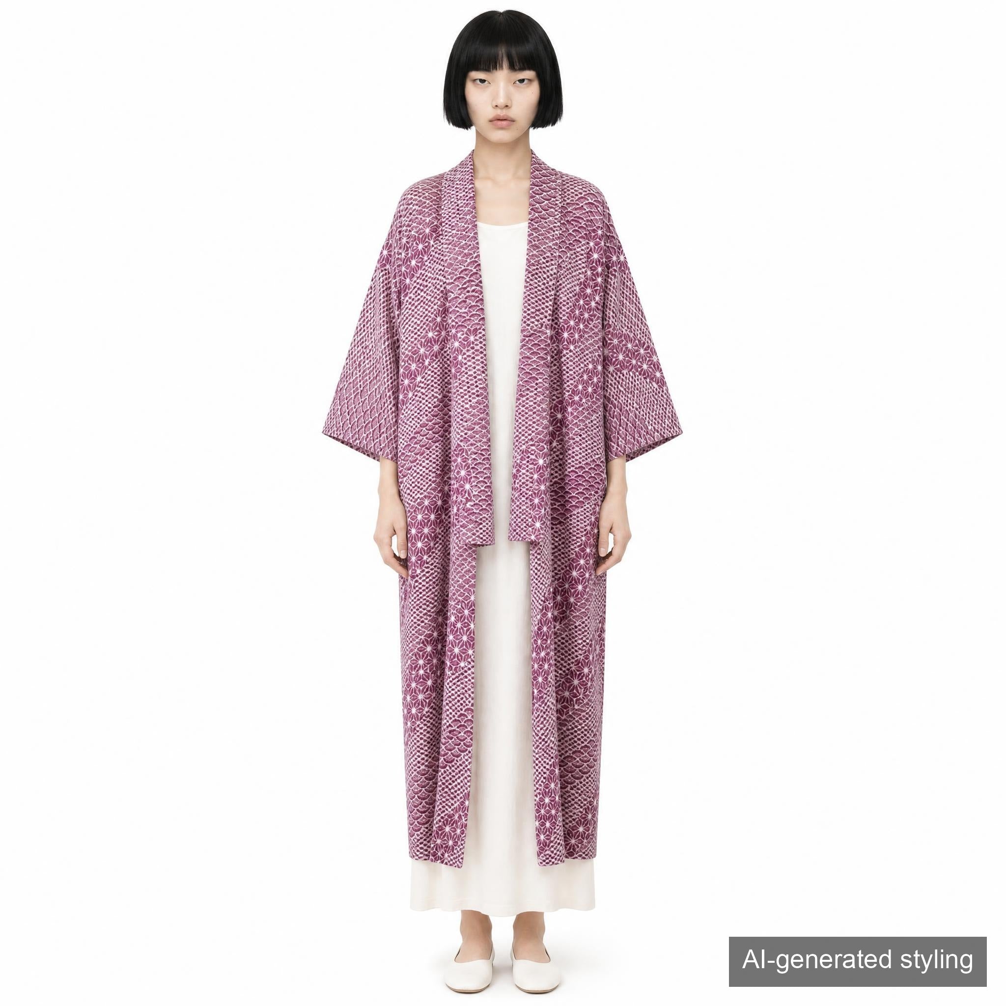 Handcrafted Robe from Vintage Kimono - Purple "ASANOHA" and "SEIGAIHA" Pattern D024