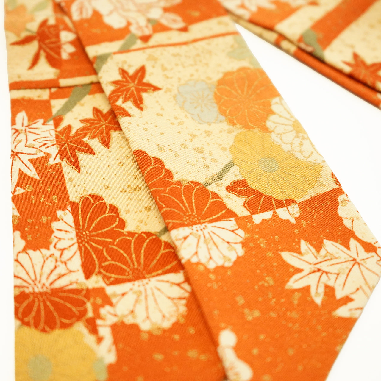 Handcrafted Tie from Vintage Kimono - Orange Maple and Chrysanthemum Leaves Design T003