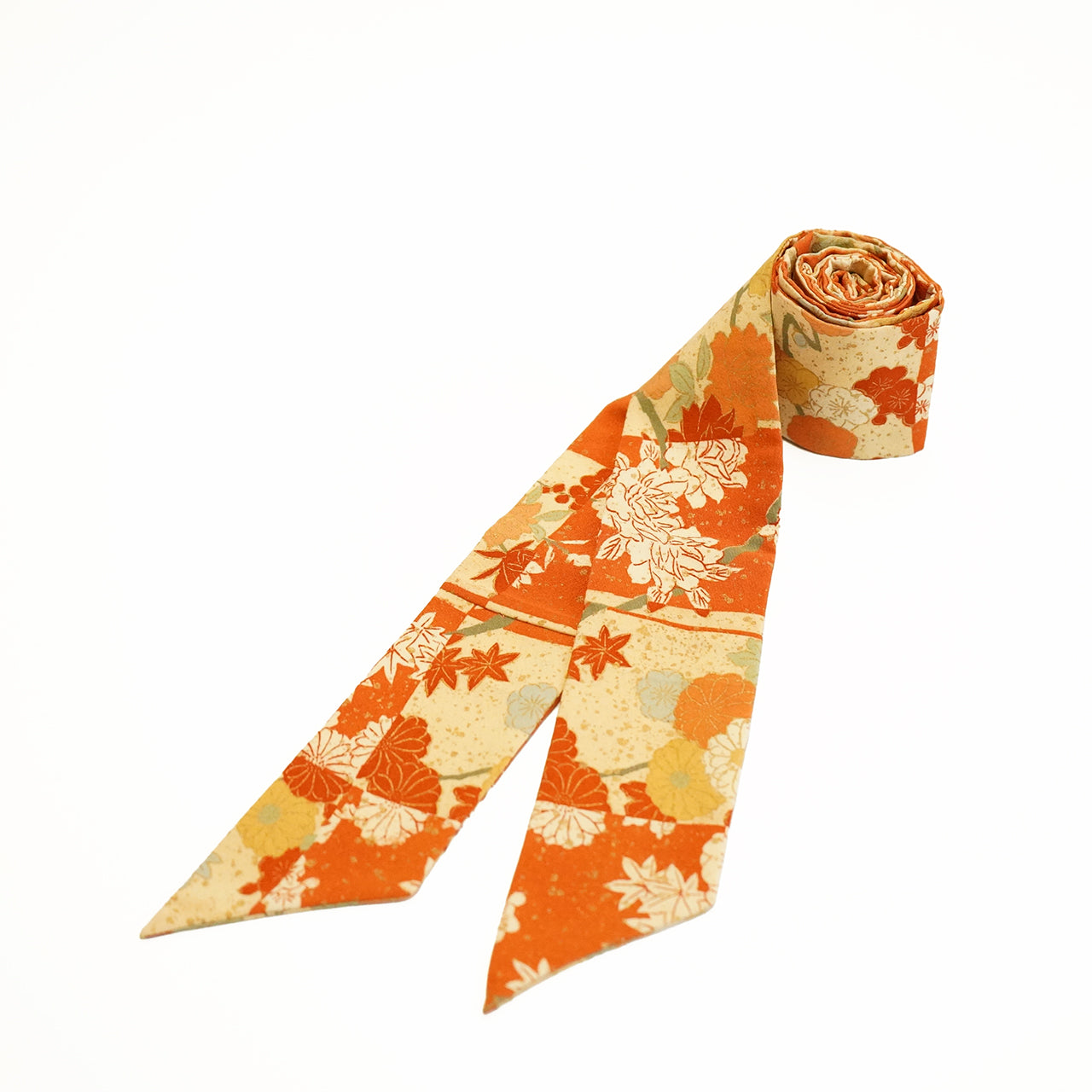 Handcrafted Tie from Vintage Kimono - Orange Maple and Chrysanthemum Leaves Design T003