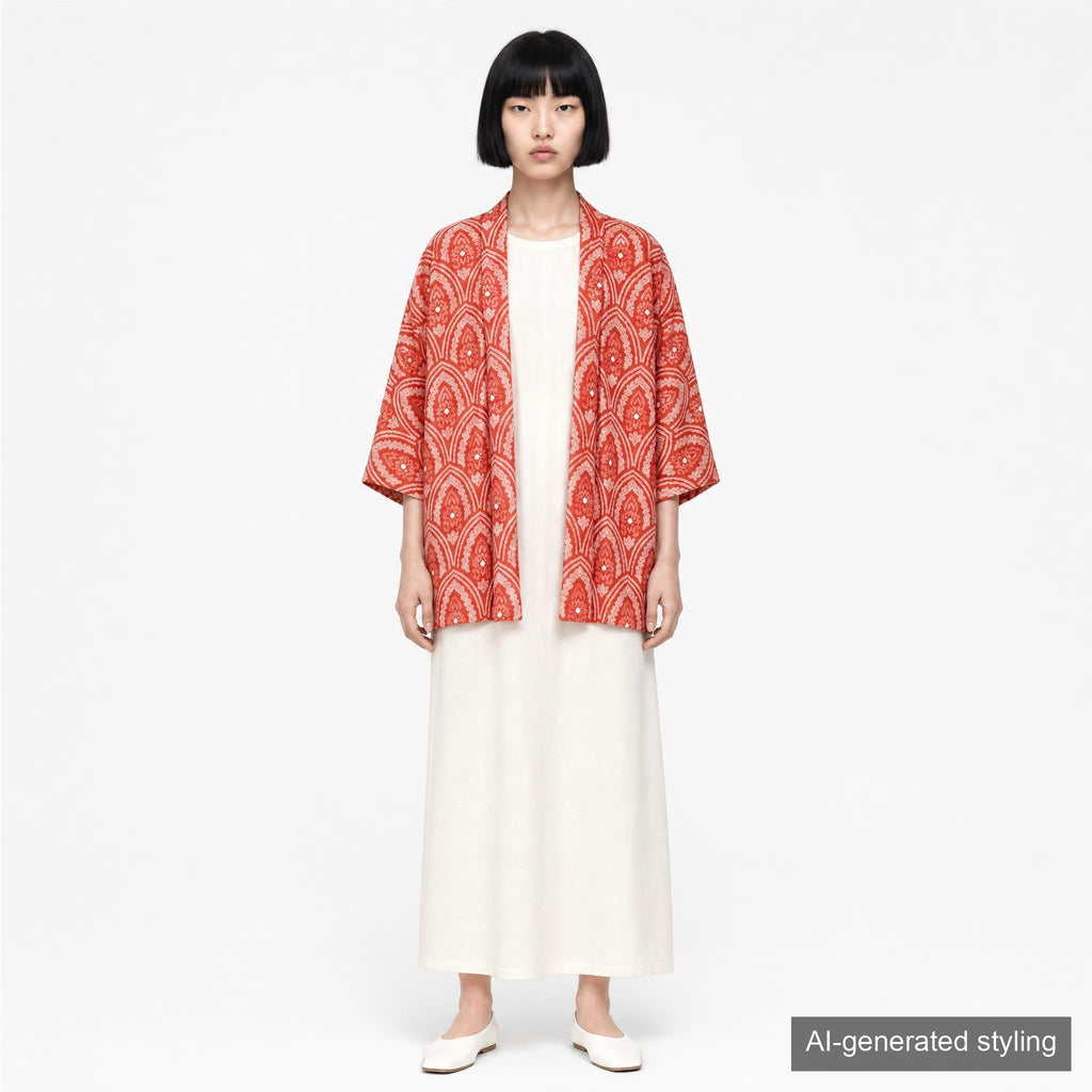 Vintage Kimono Jacket (Haori) - Red Shibori-Dyed H012