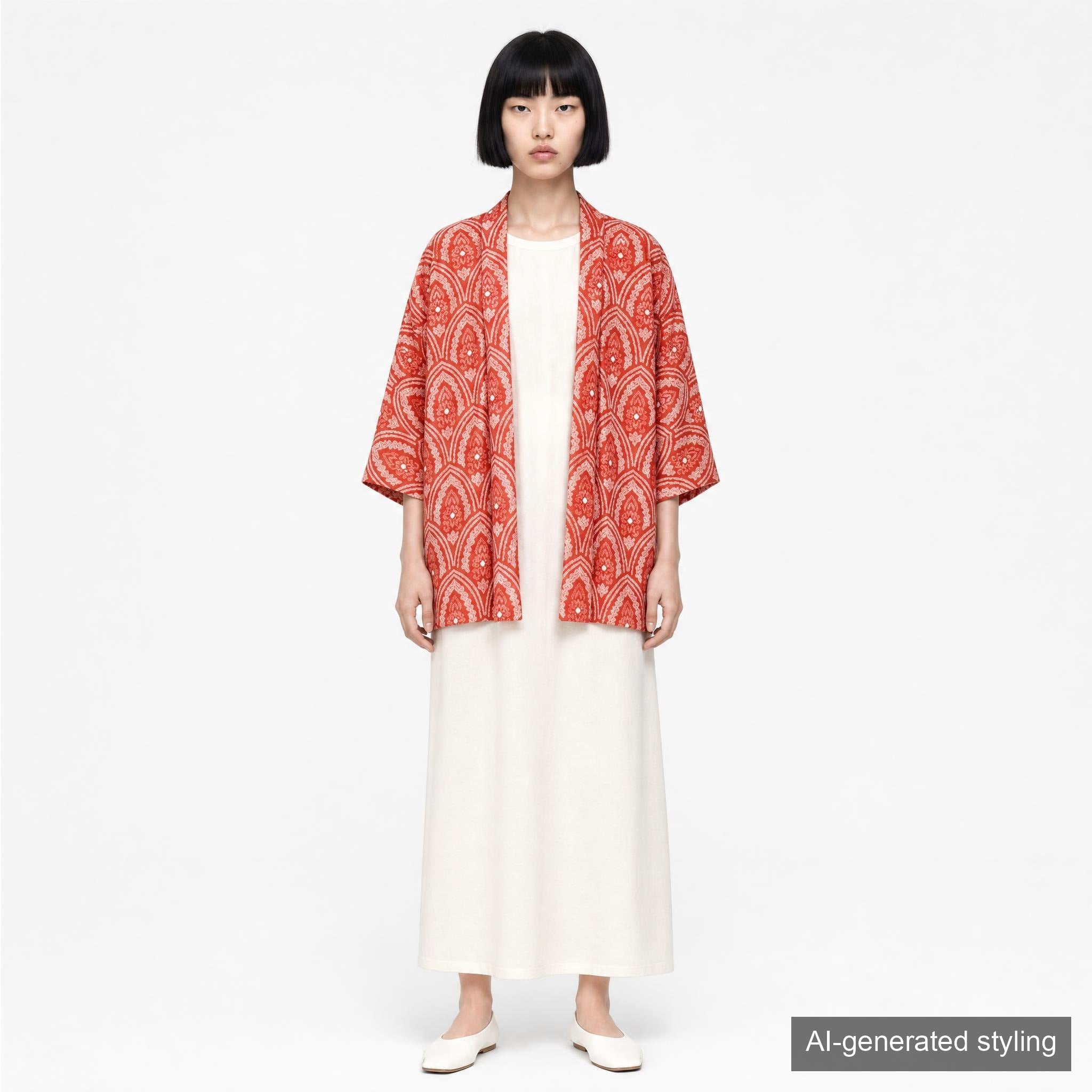 Vintage Kimono Jacket (Haori) - Red Shibori-Dyed H012