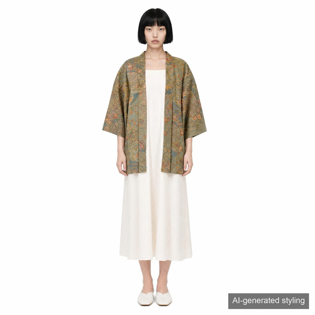 Vintage Kimono Jacket (Haori) - Khaki Phoenix Motifs H013