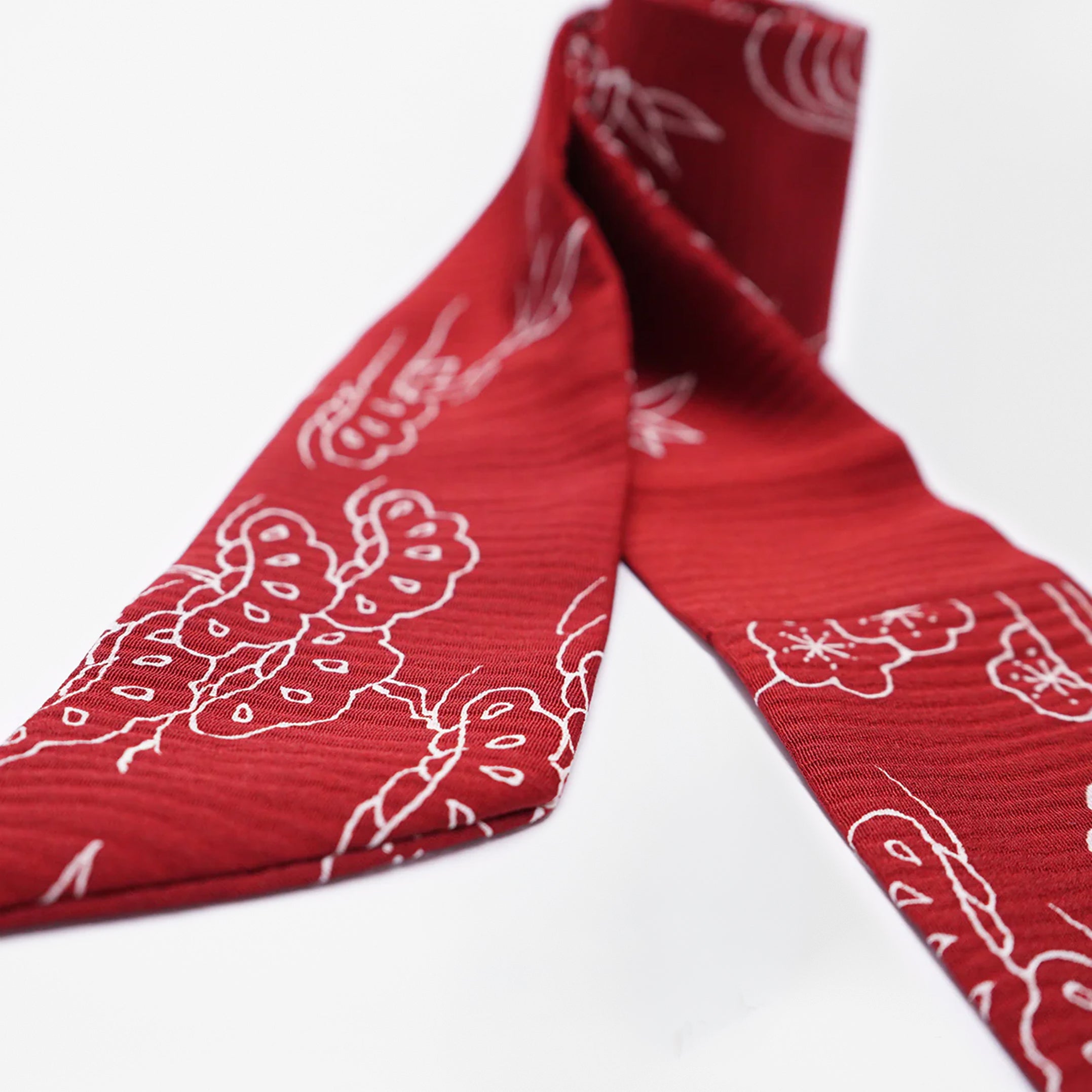 Handcrafted Scarf from Vintage Kimono - Red Botanical Design T001