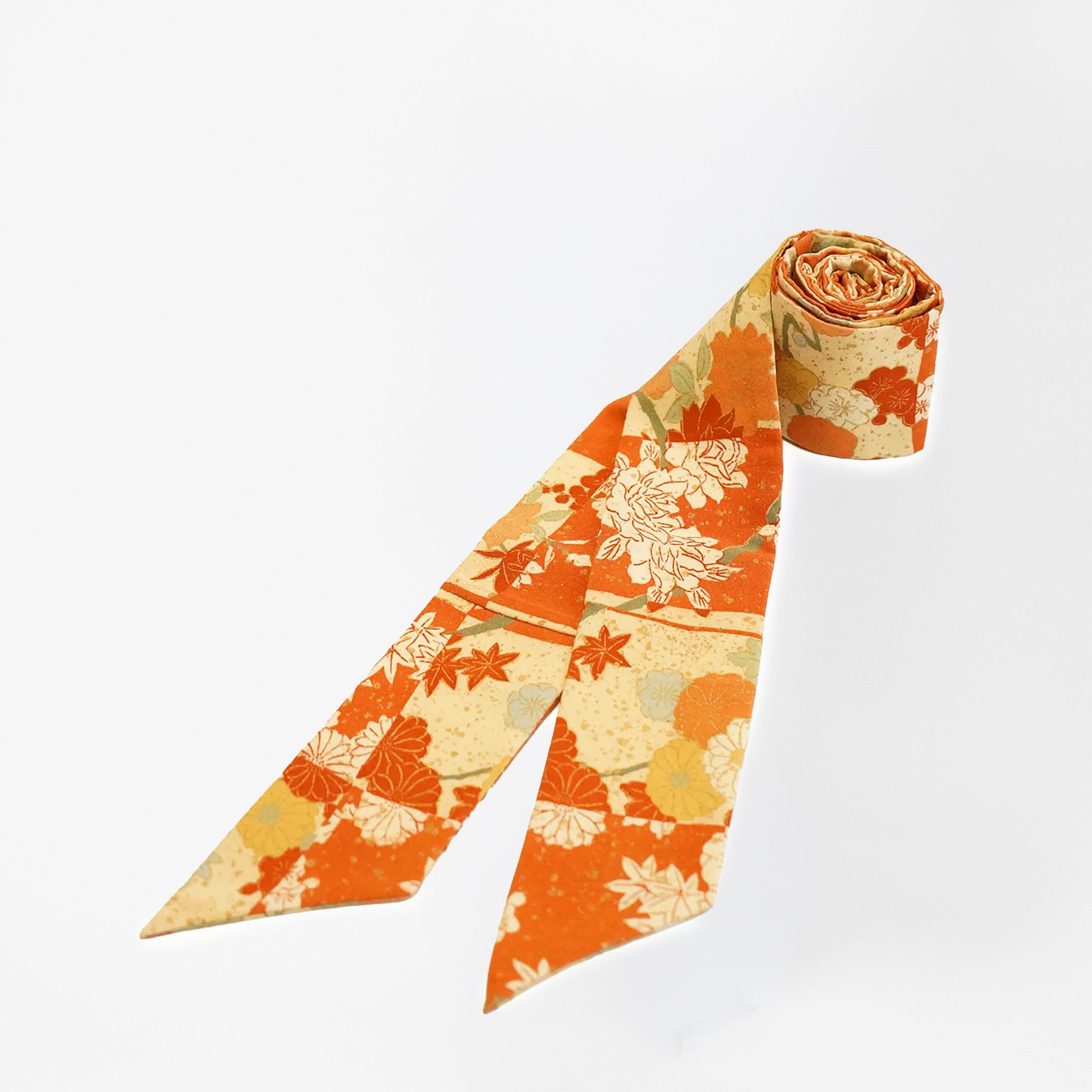 Handcrafted Scarf from Vintage Kimono - Orange Maple and Chrysanthemum Leaves Design T003
