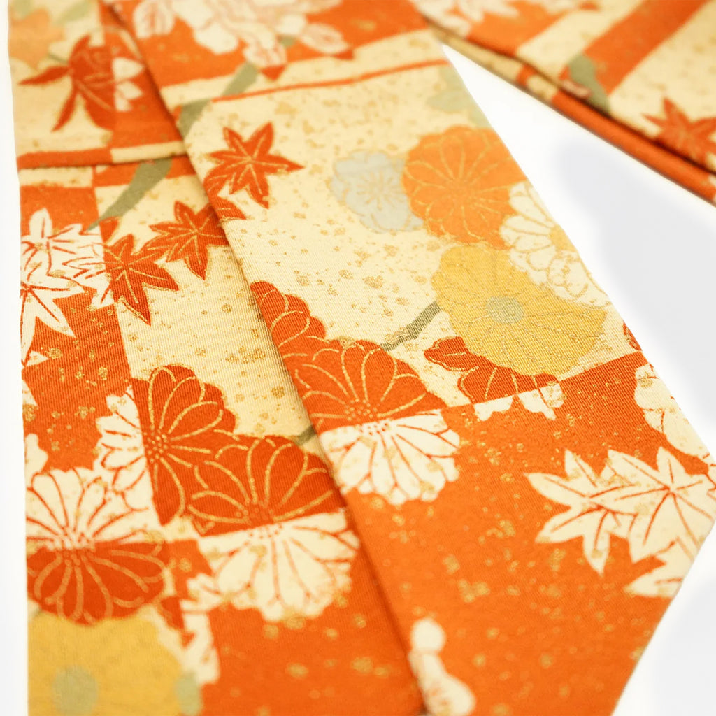 Handcrafted Scarf from Vintage Kimono - Orange Maple and Chrysanthemum Leaves Design T003