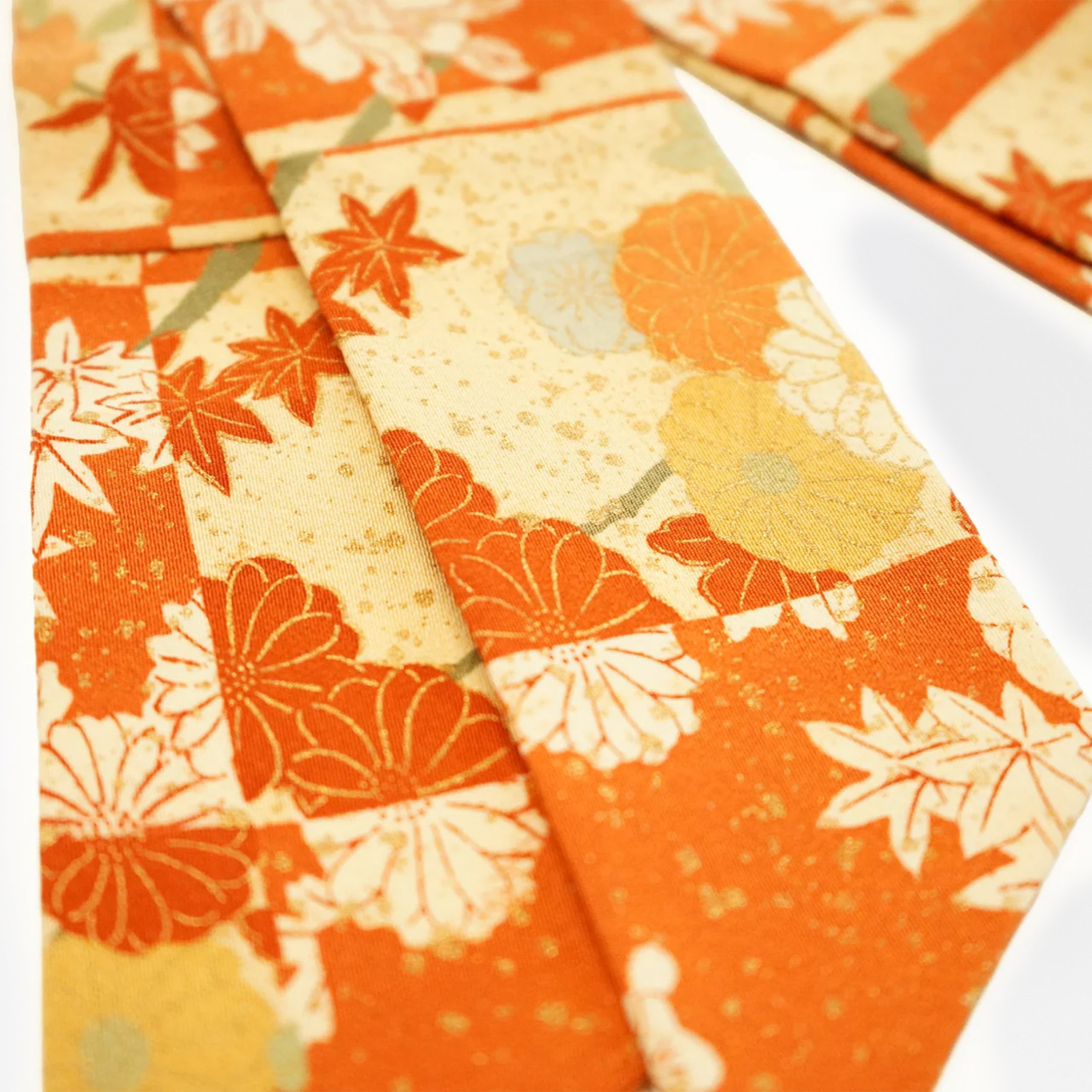 Handcrafted Scarf from Vintage Kimono - Orange Maple and Chrysanthemum Leaves Design T003