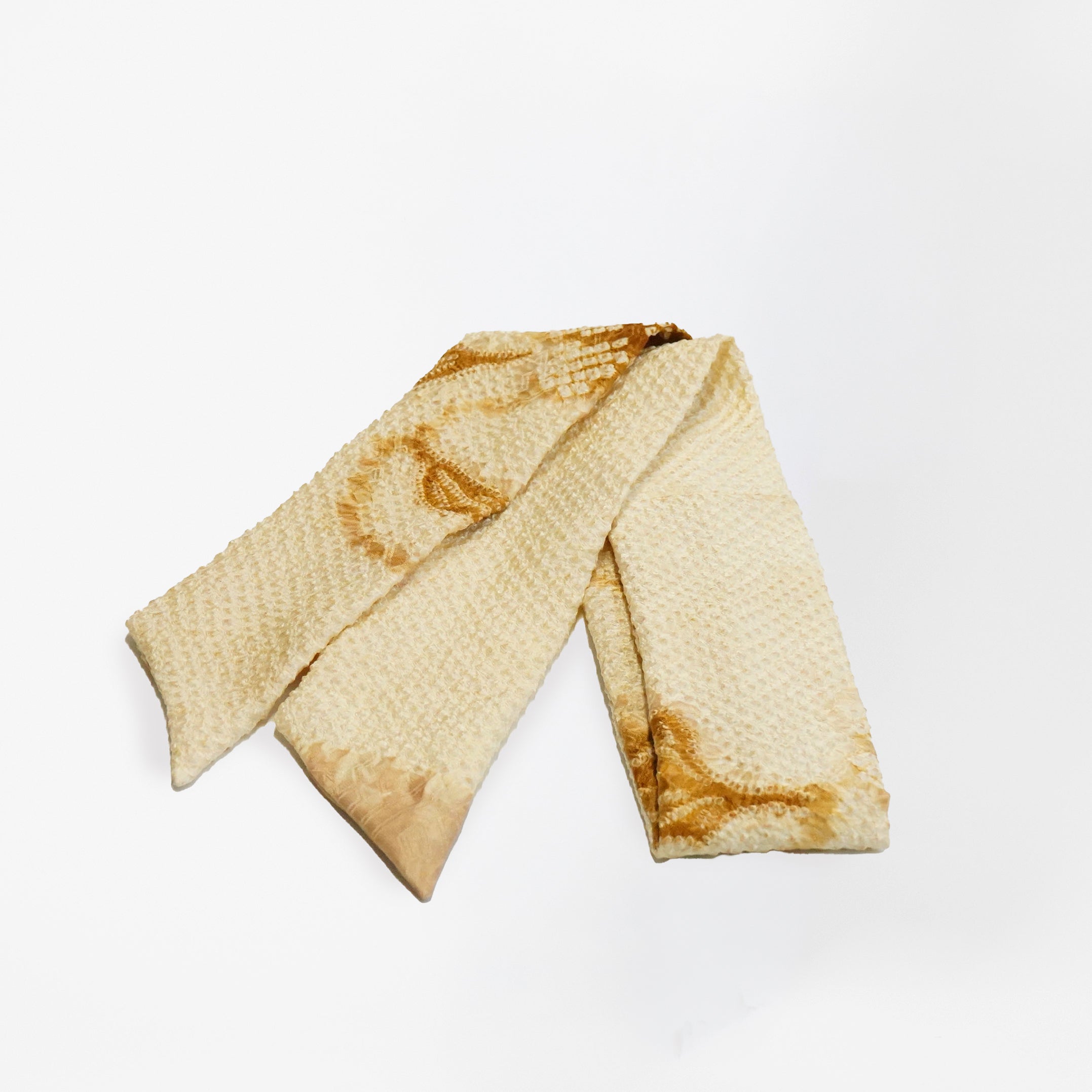 Handcrafted Scarf from Vintage Kimono - Cream Brown and tie-dye Design T004