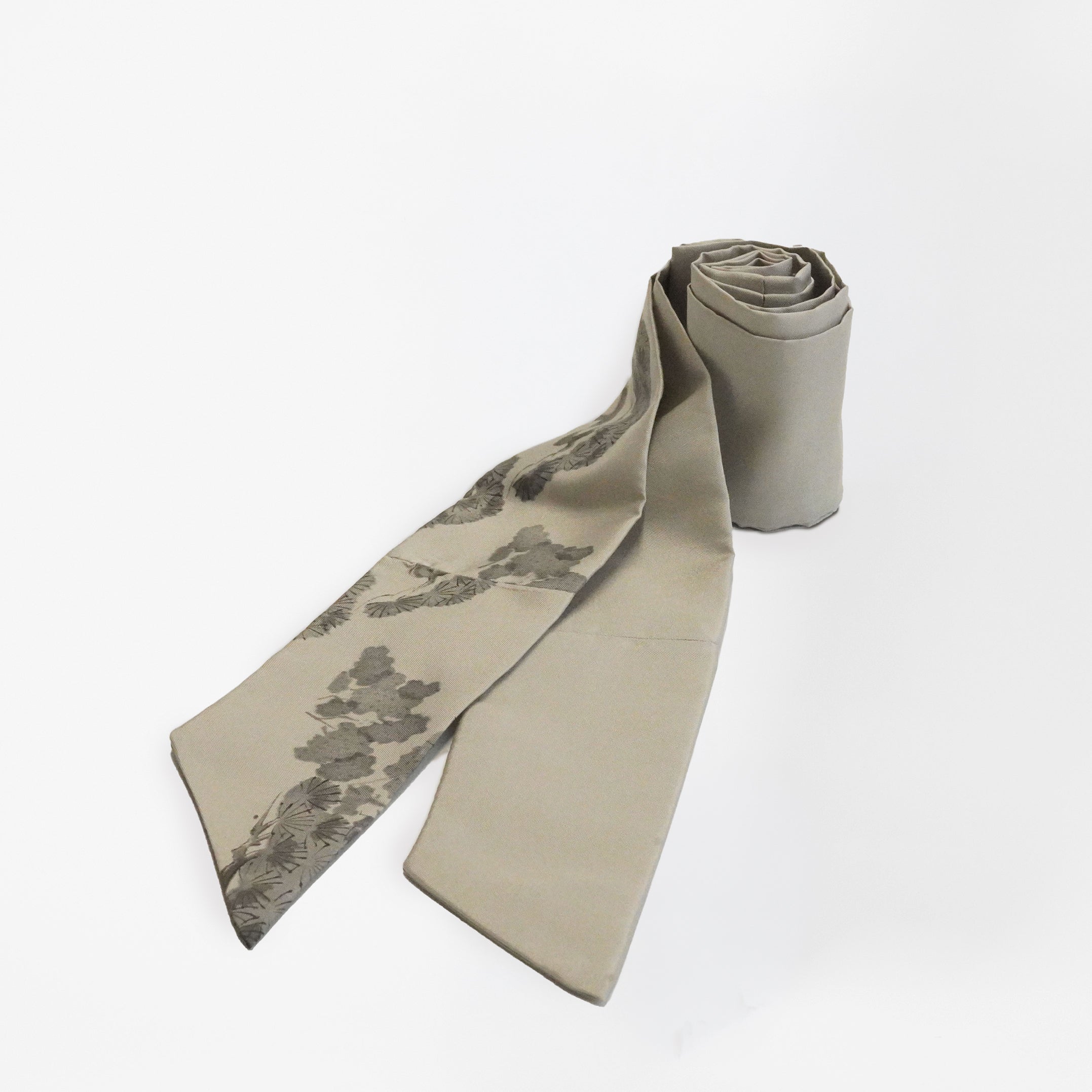 Handcrafted Scarf from Vintage Kimono -  Gray White and Pine Design T005