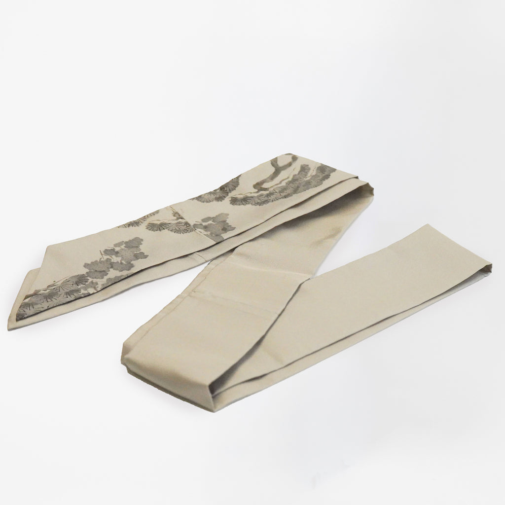 Handcrafted Scarf from Vintage Kimono -  Gray White and Pine Design T005