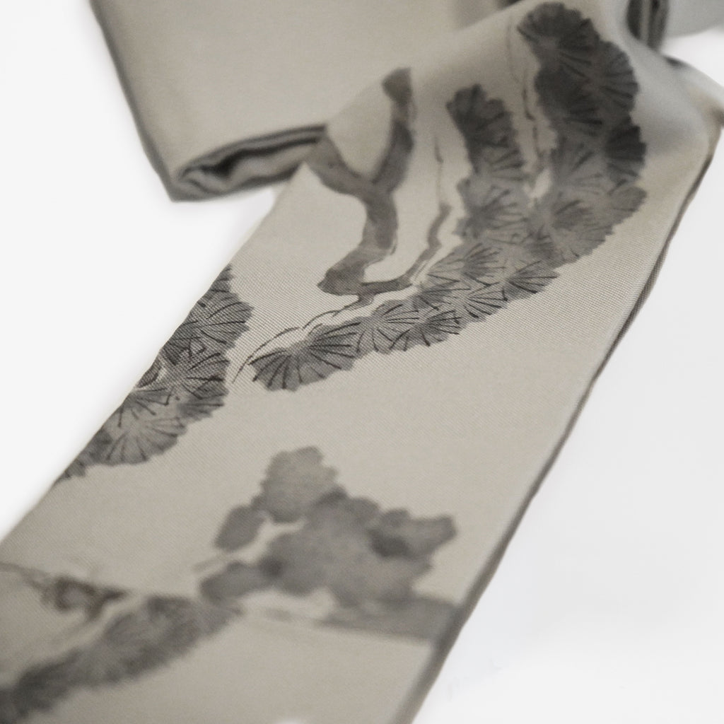 Handcrafted Scarf from Vintage Kimono -  Gray White and Pine Design T005