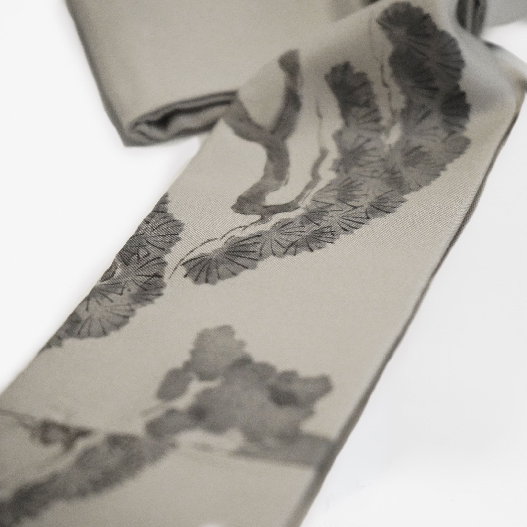 Handcrafted Scarf from Vintage Kimono -  Gray White and Pine Design T005
