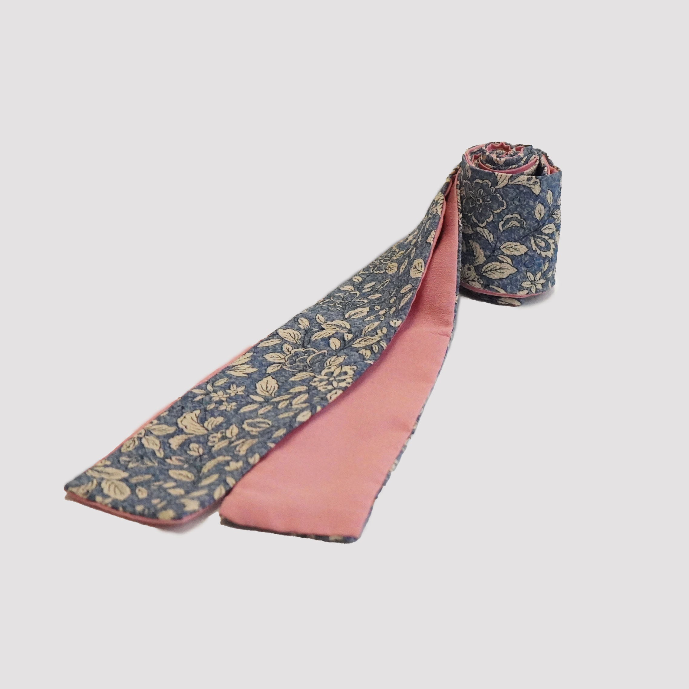 Handcrafted Tie from Vintage Kimono -  blue pink and flower pattern Design T006