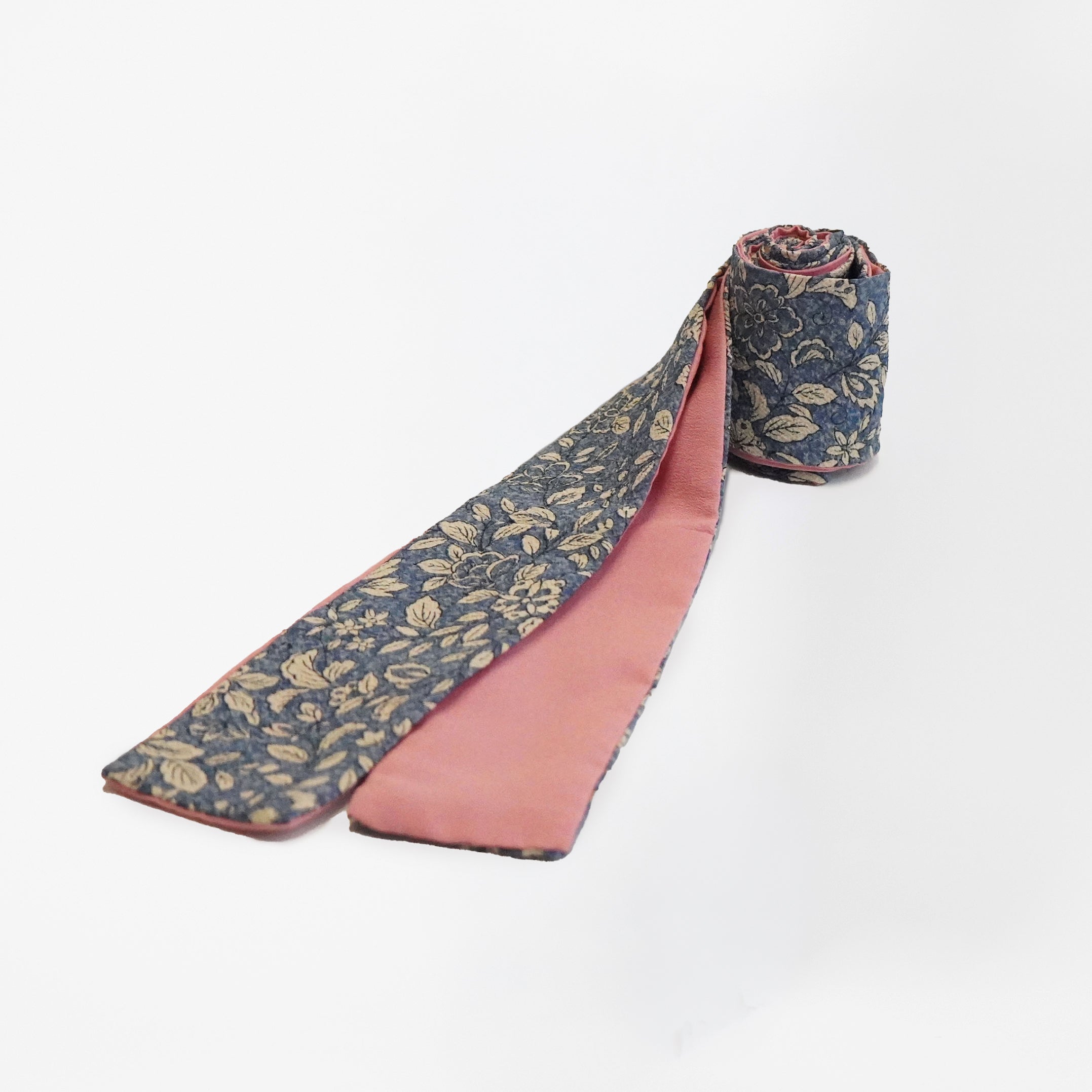 Handcrafted Scarf from Vintage Kimono -  blue pink and flower pattern Design T006
