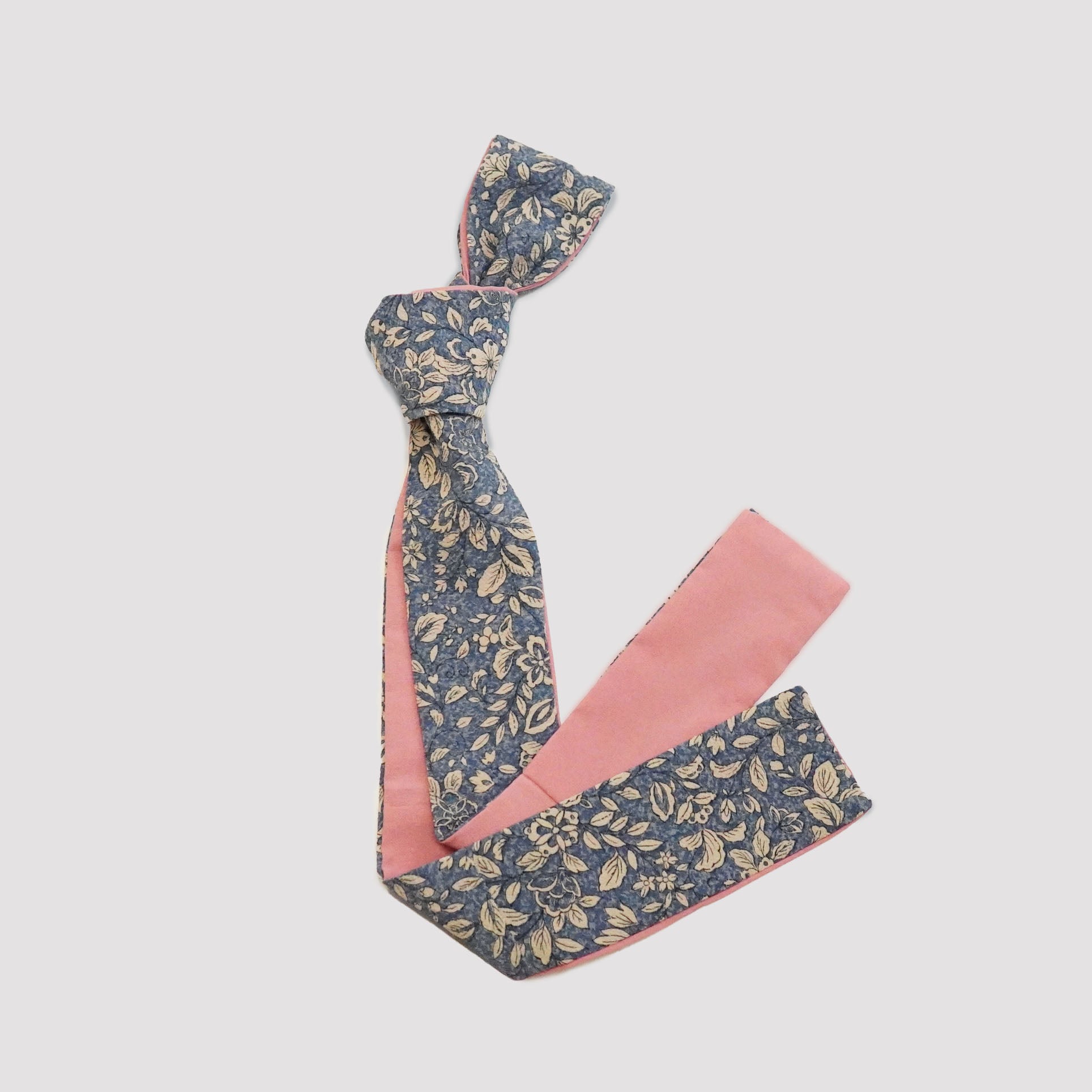 Handcrafted Tie from Vintage Kimono -  blue pink and flower pattern Design T006