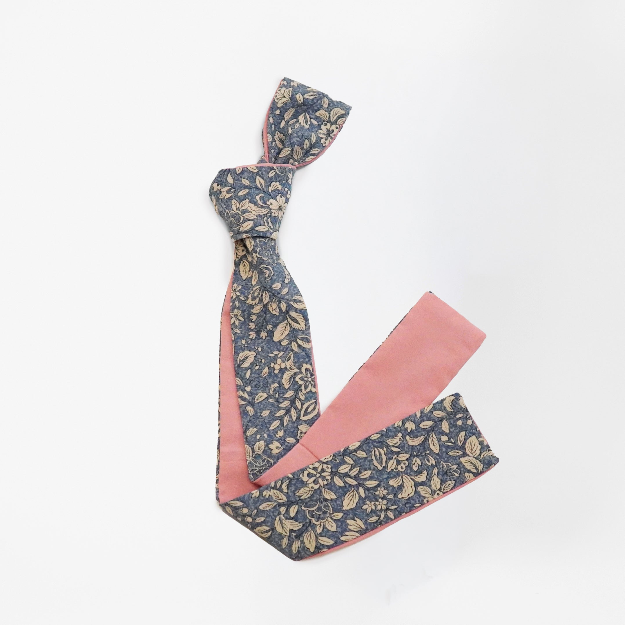 Handcrafted Scarf from Vintage Kimono -  blue pink and flower pattern Design T006