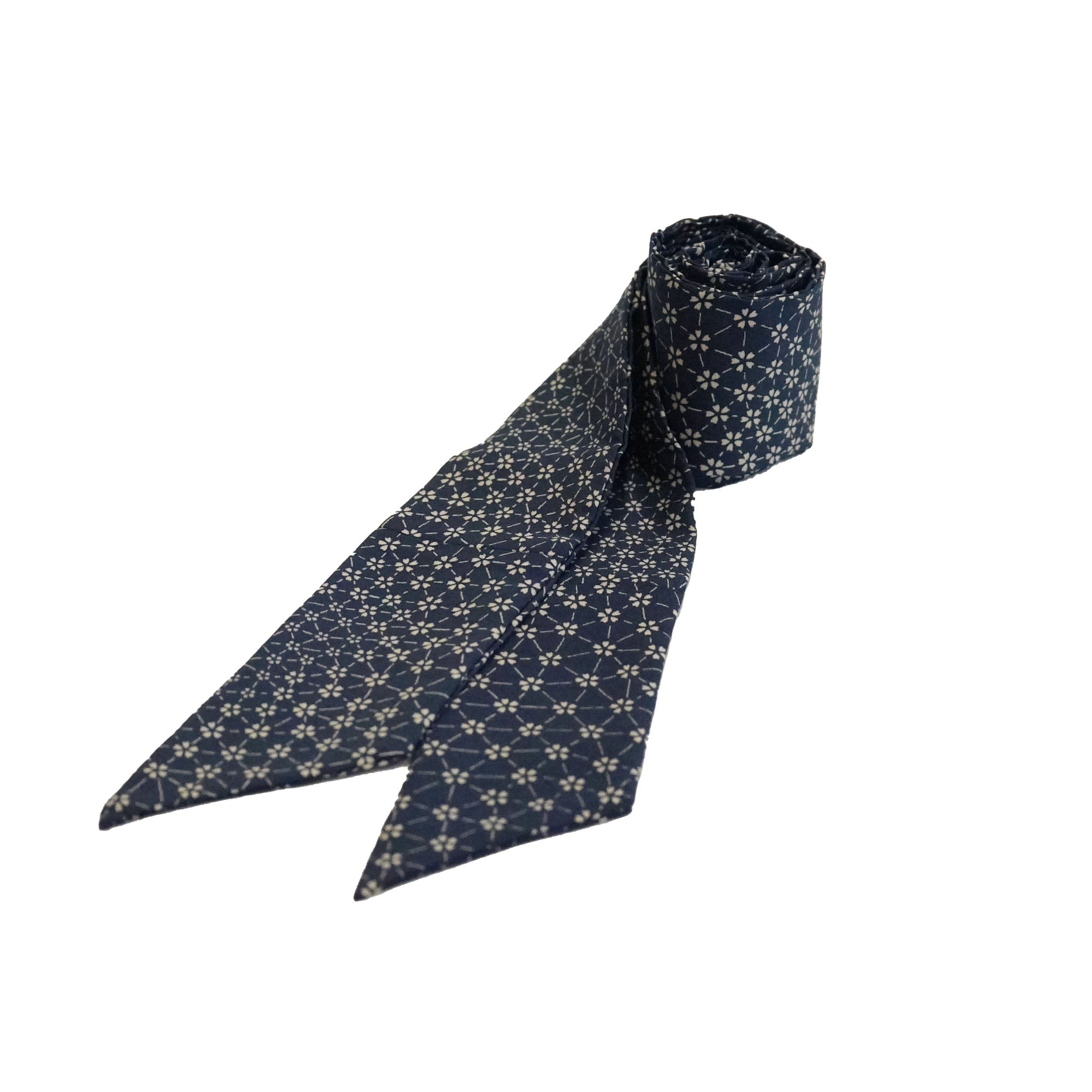 Handcrafted Tie from Vintage Kimono -  Navy and flower pattern Design T008