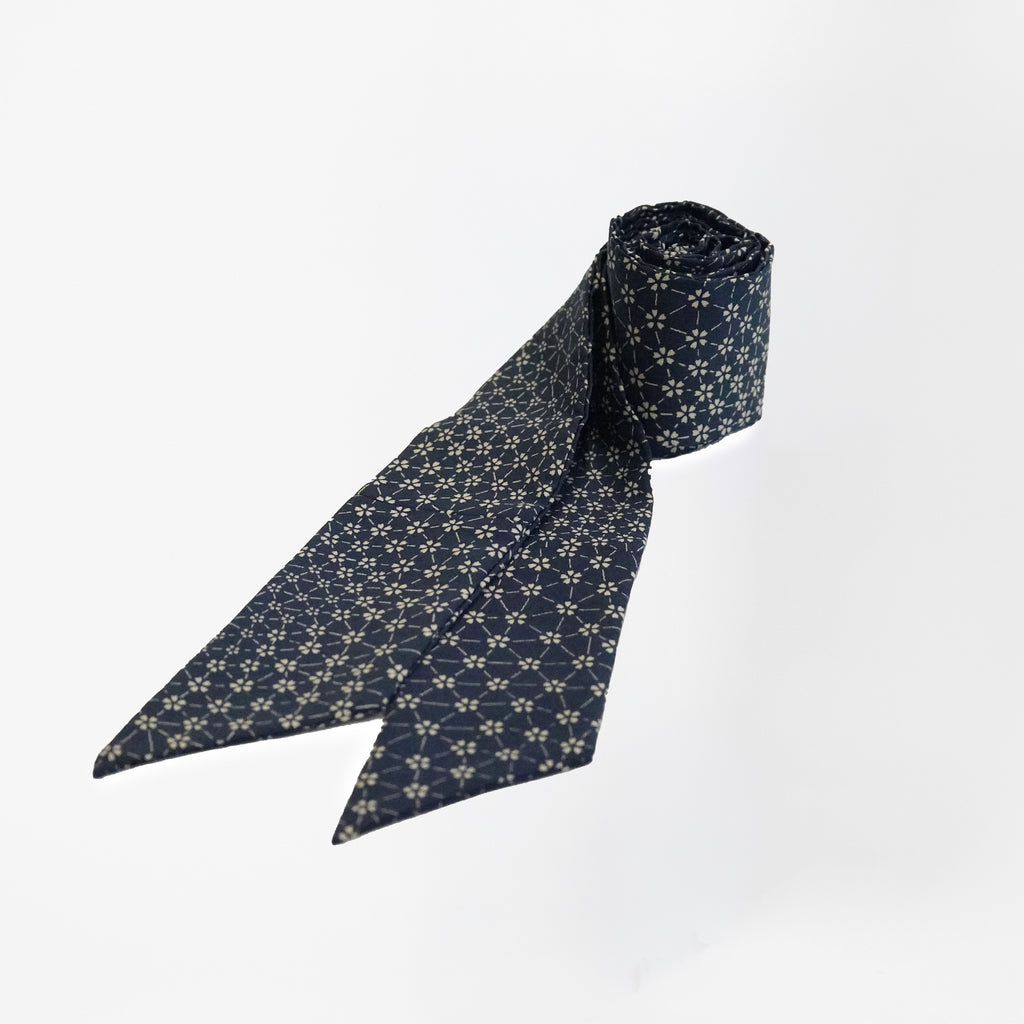 Handcrafted Scarf from Vintage Kimono -  Navy and flower pattern Design T008