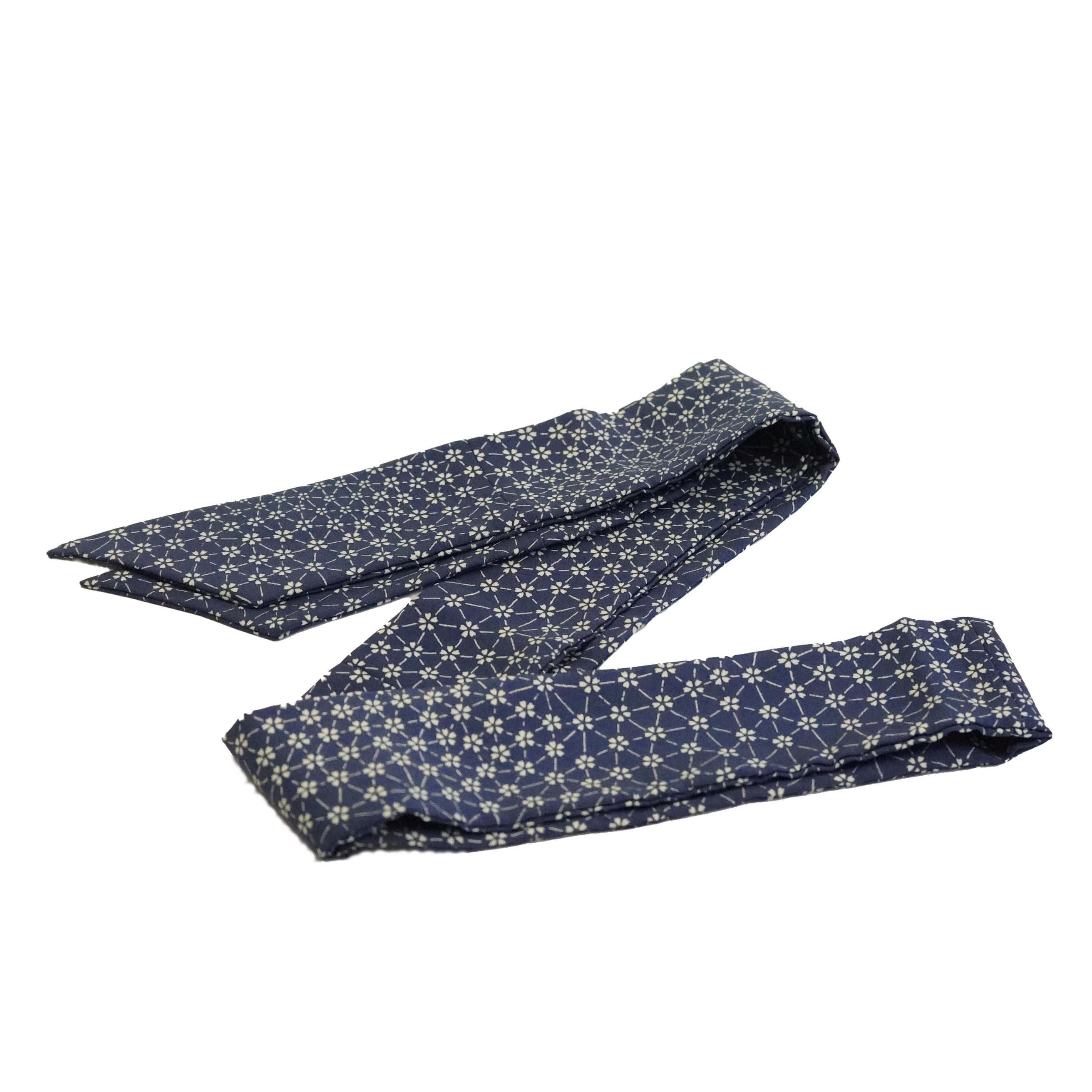 Handcrafted Tie from Vintage Kimono -  Navy and flower pattern Design T008