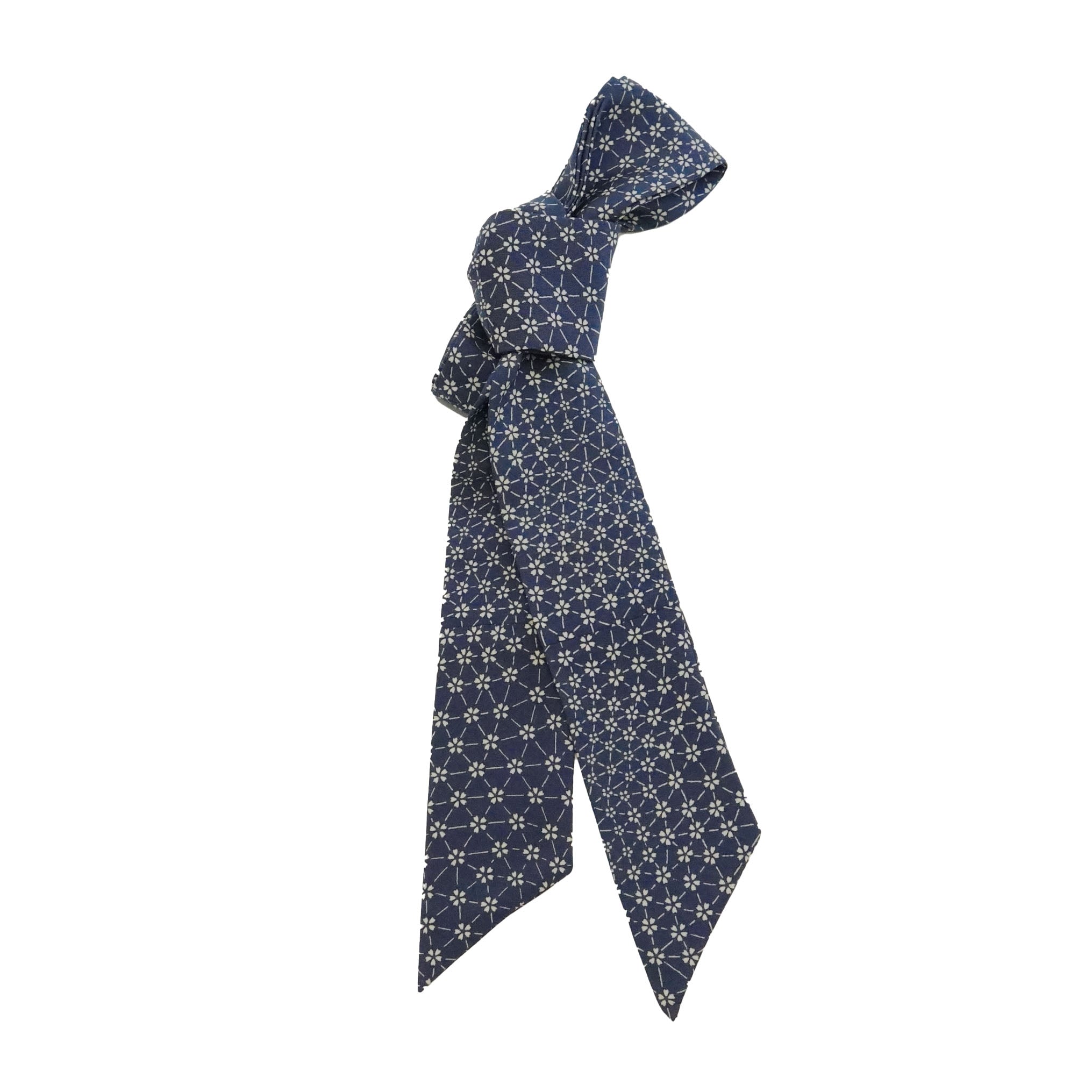 Handcrafted Tie from Vintage Kimono -  Navy and flower pattern Design T008