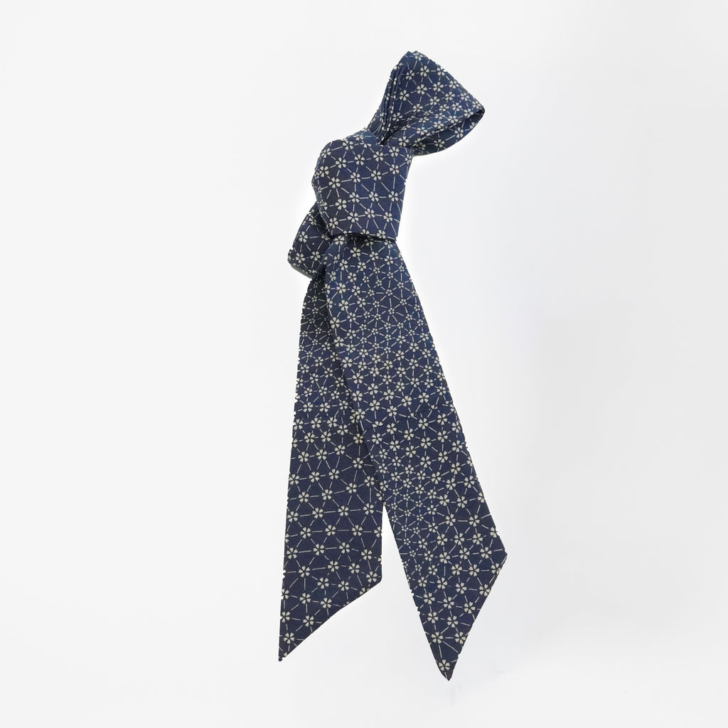 Handcrafted Scarf from Vintage Kimono -  Navy and flower pattern Design T008
