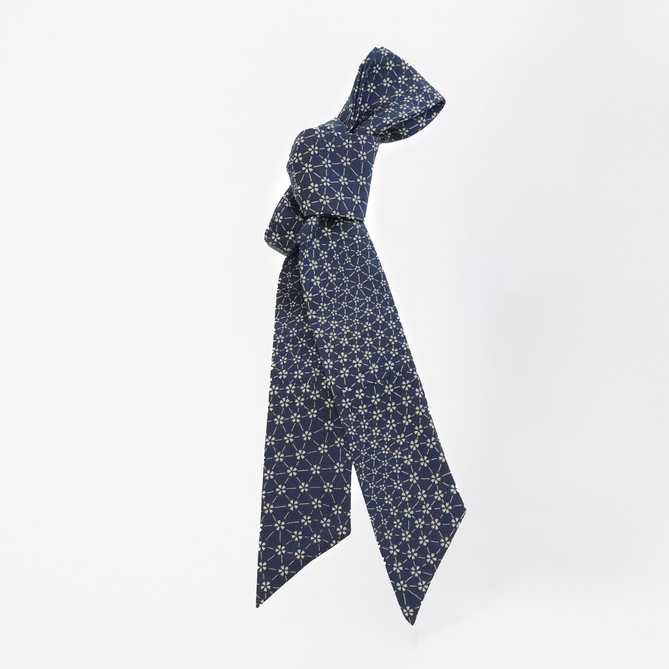 Handcrafted Scarf from Vintage Kimono -  Navy and flower pattern Design T008