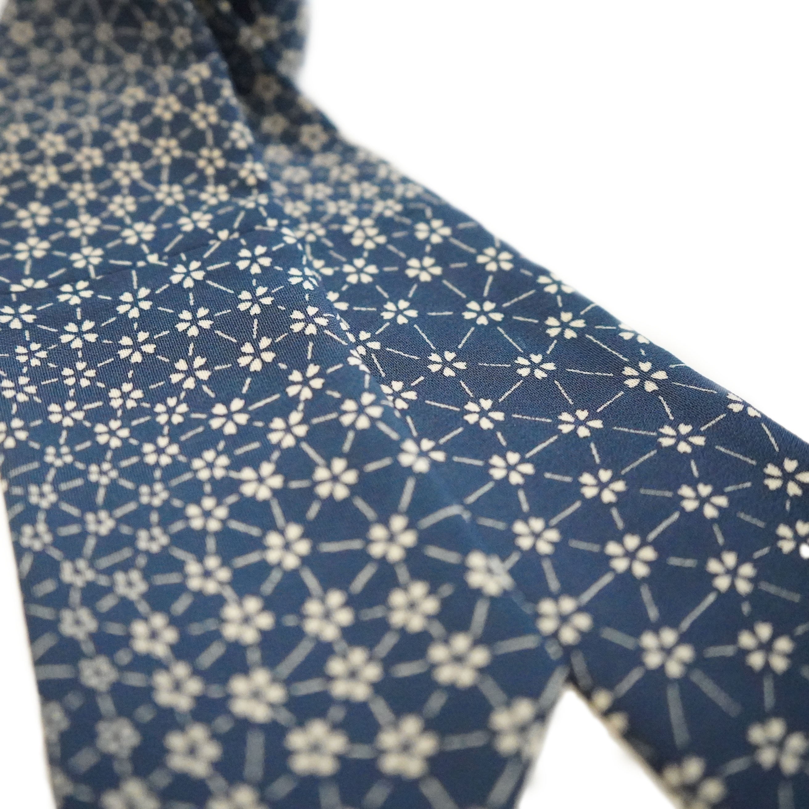Handcrafted Tie from Vintage Kimono -  Navy and flower pattern Design T008