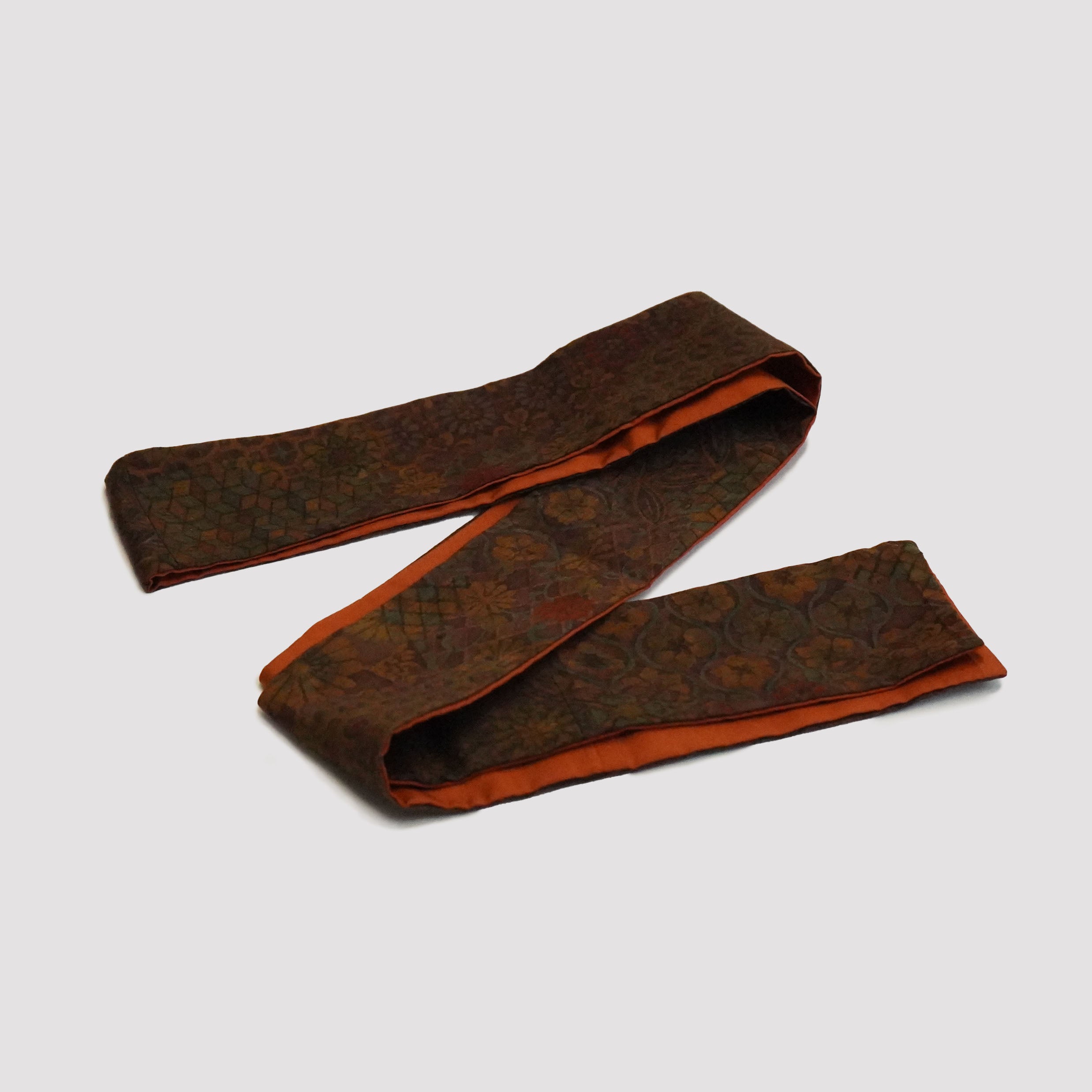 Handcrafted Tie from Vintage Kimono -  Brown Orange and floral pattern Design T009