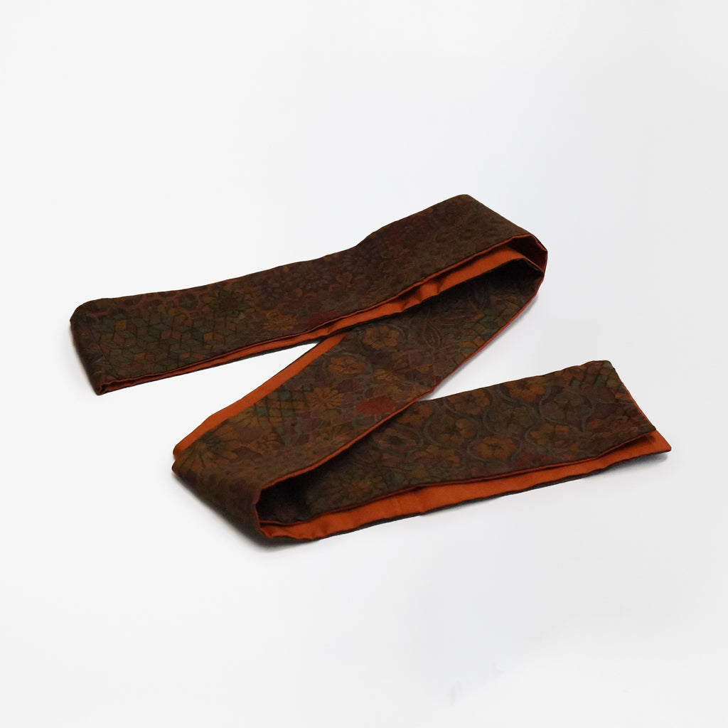 Handcrafted Scarf from Vintage Kimono - Brown Orange and floral pattern Design T009