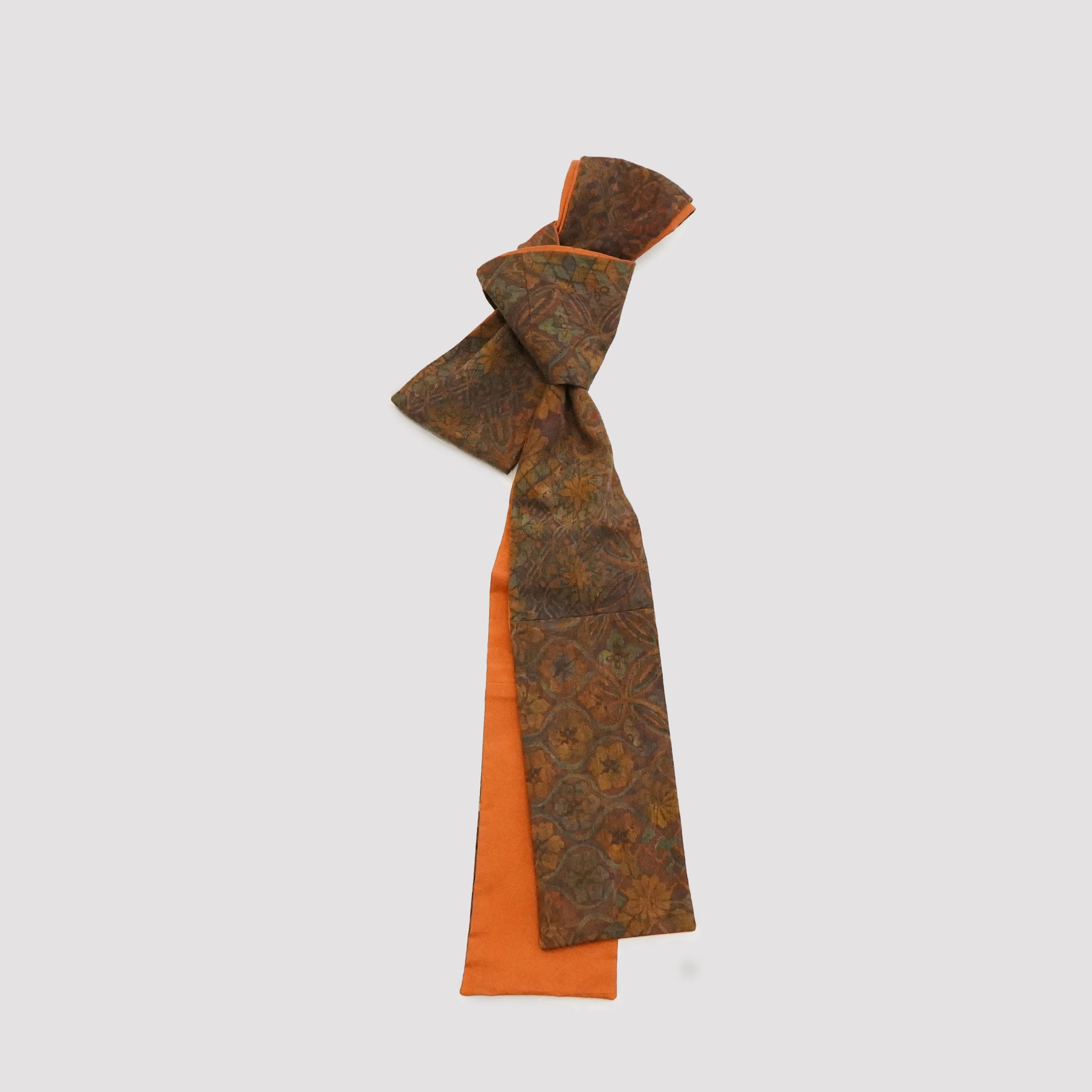 Handcrafted Tie from Vintage Kimono -  Brown Orange and floral pattern Design T009