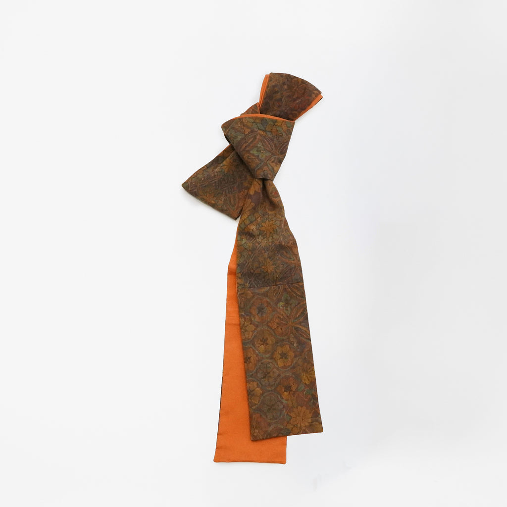 Handcrafted Scarf from Vintage Kimono - Brown Orange and floral pattern Design T009