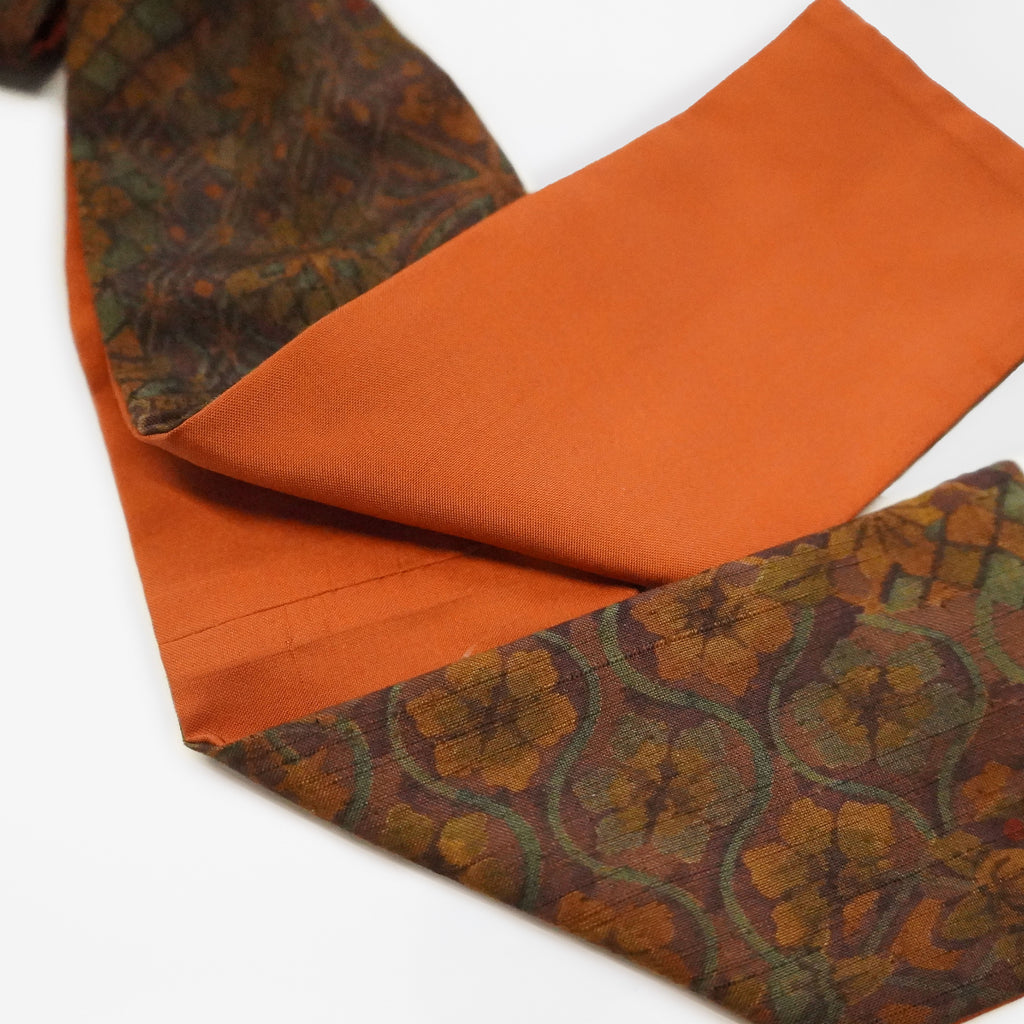 Handcrafted Scarf from Vintage Kimono - Brown Orange and floral pattern Design T009