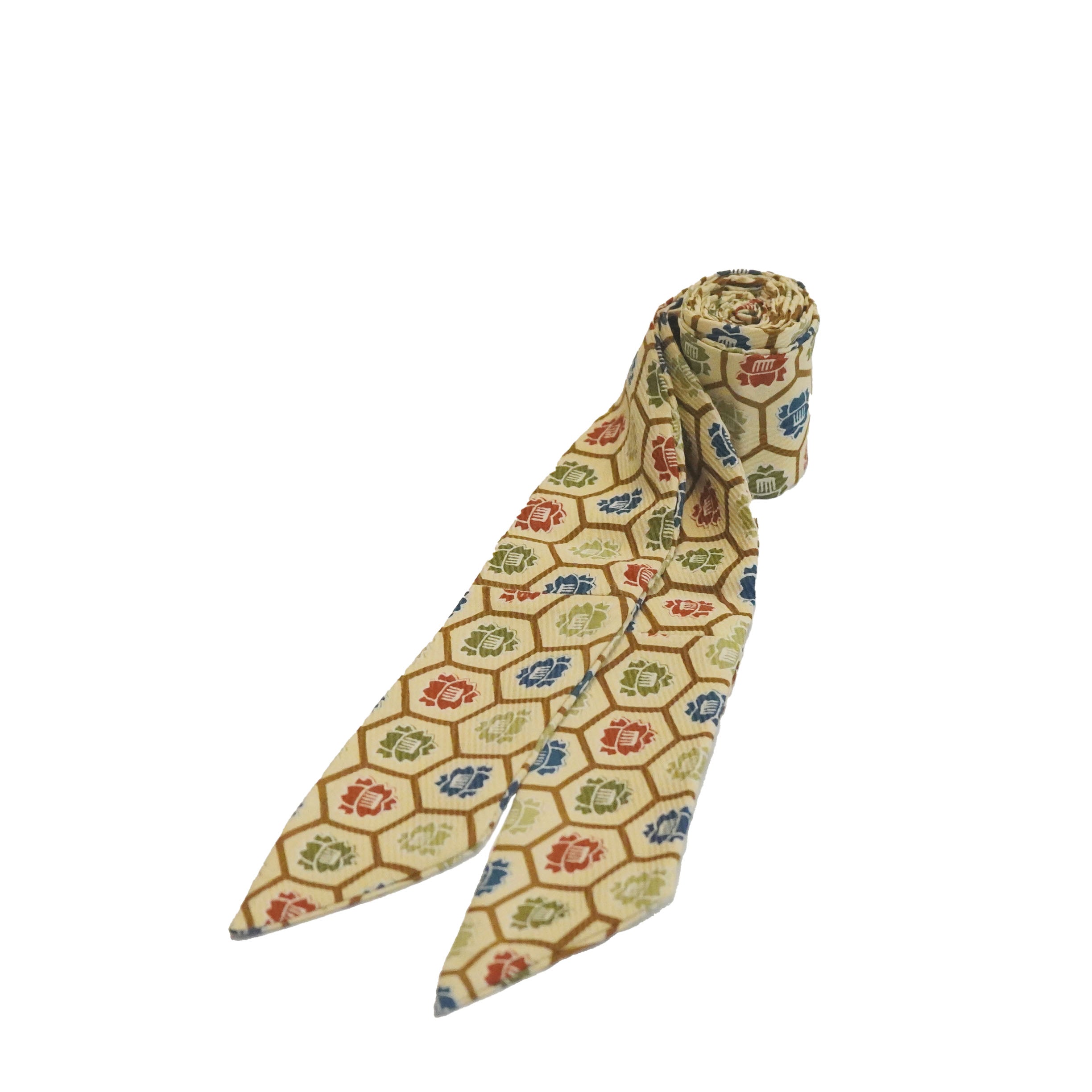 Handcrafted Tie from Vintage Kimono - Beige Red Geometric pattern Design T010