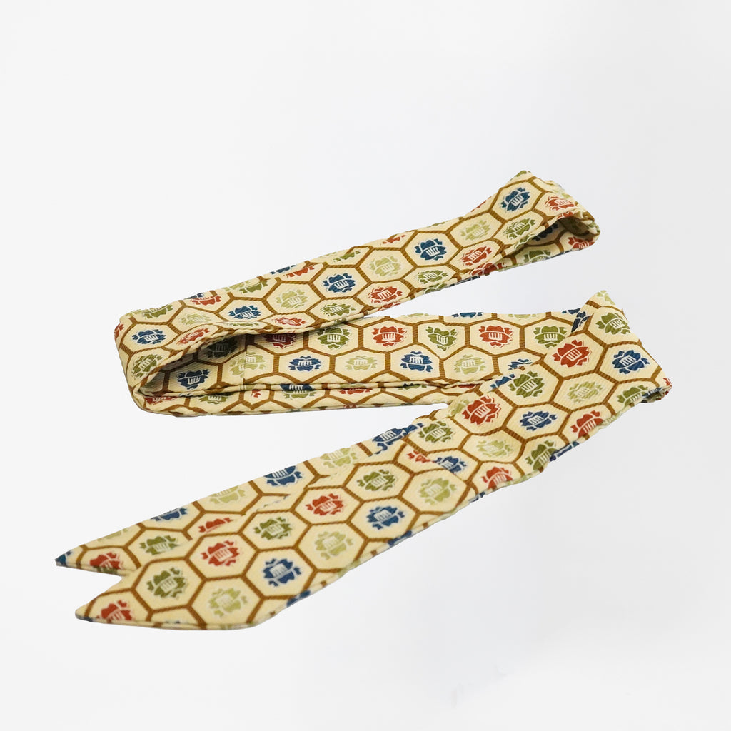 Handcrafted Scarf from Vintage Kimono - Beige Red Green Blue Geometric pattern Design T010