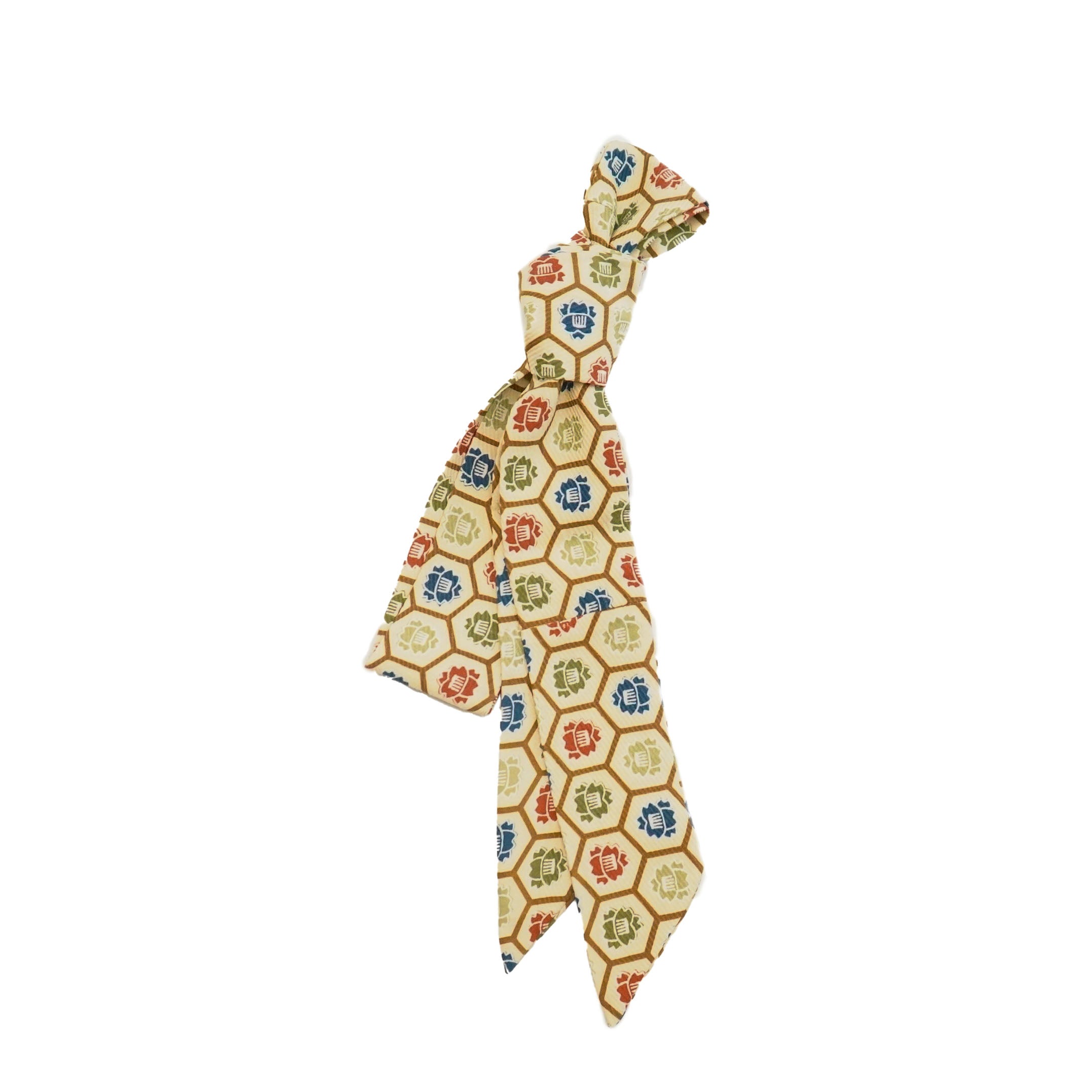 Handcrafted Tie from Vintage Kimono - Beige Red Geometric pattern Design T010