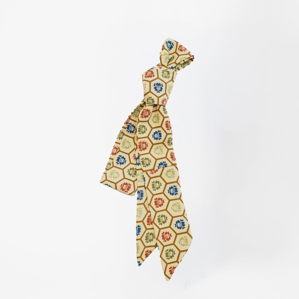 Handcrafted Scarf from Vintage Kimono - Beige Red Green Blue Geometric pattern Design T010