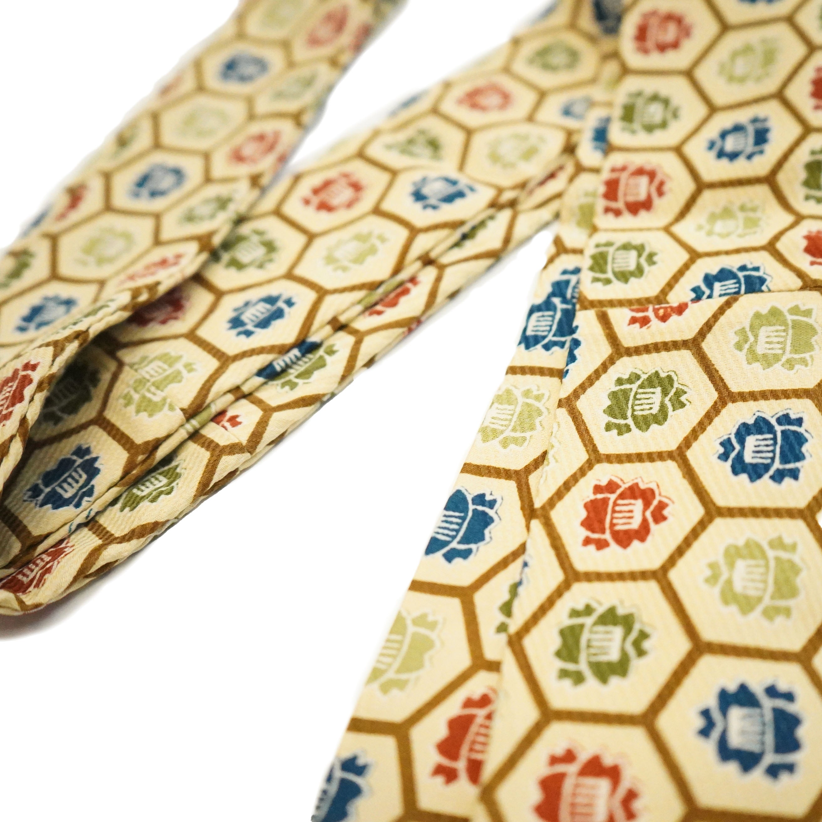Handcrafted Tie from Vintage Kimono - Beige Red Geometric pattern Design T010