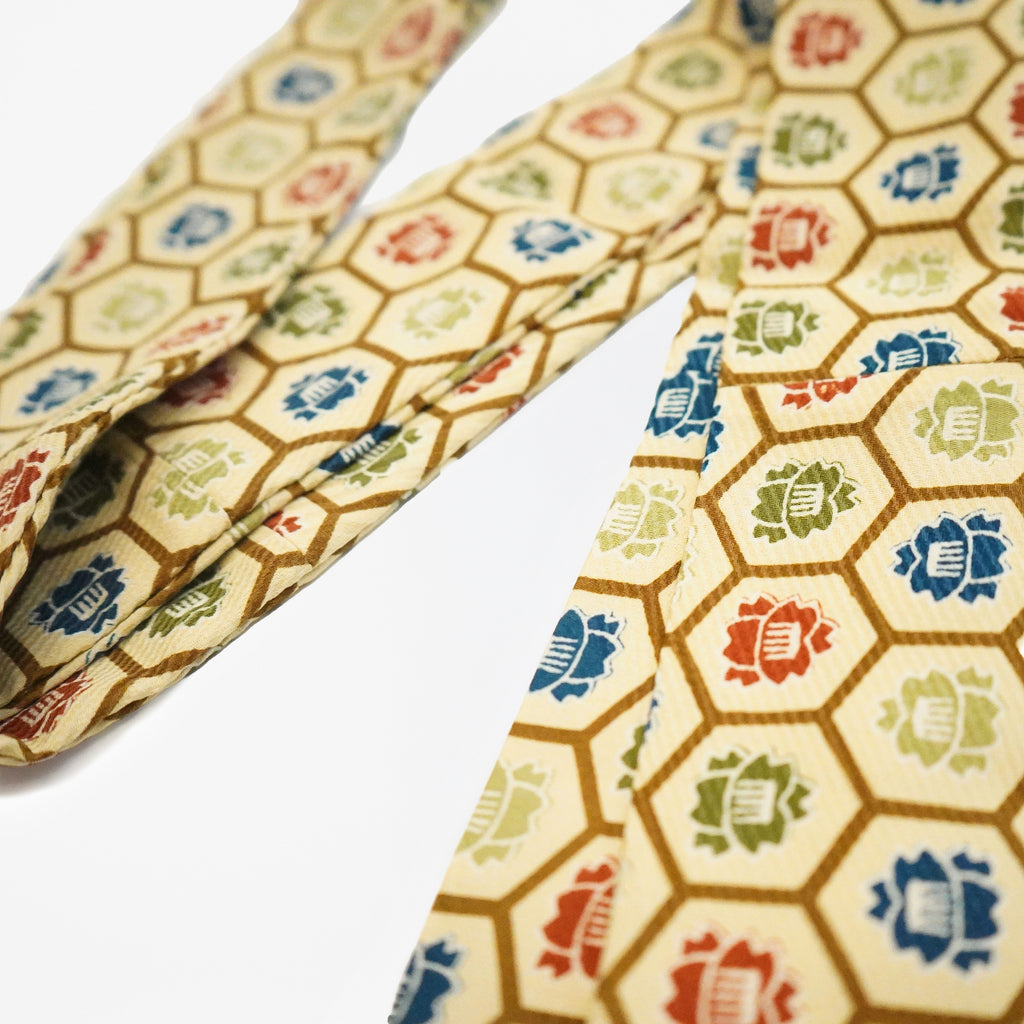 Handcrafted Scarf from Vintage Kimono - Beige Red Green Blue Geometric pattern Design T010