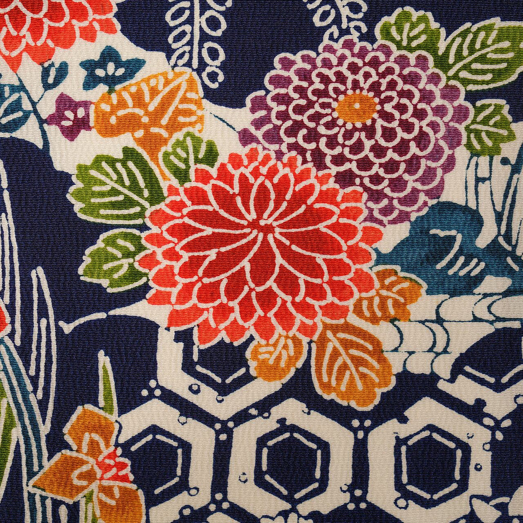 Handcrafted Robe from Vintage Kimono - Navy Blue Floral Design "Bingata"-Dyed D013