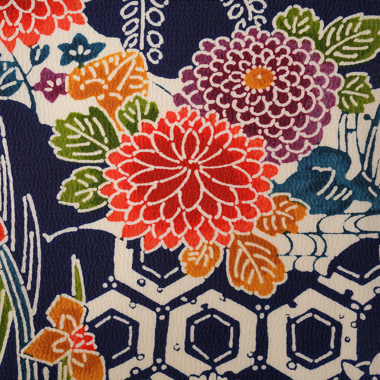 Handcrafted Robe from Vintage Kimono - Navy Blue Floral Design "Bingata"-Dyed D013
