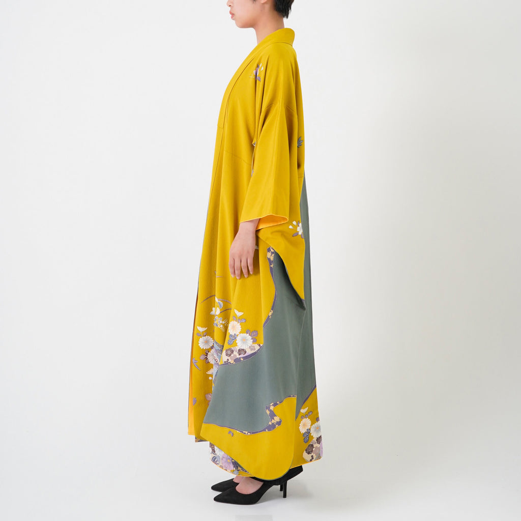 Handcrafted Robe from Vintage Kimono - Yellow Flower Grass Design D017