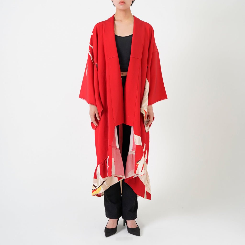 Handcrafted Robe from Vintage Kimono - Red Botanical Design D011