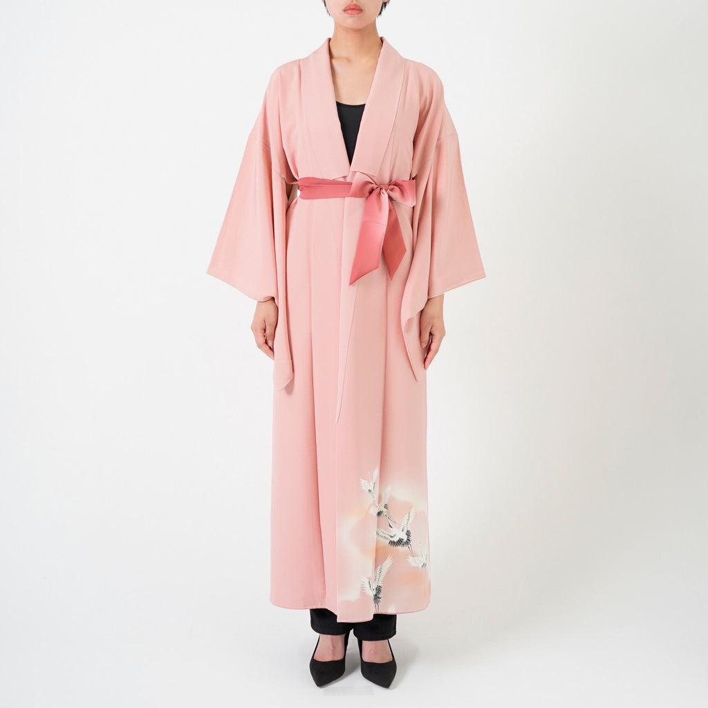Handcrafted Robe from Vintage Kimono - Pink Vine Design D018