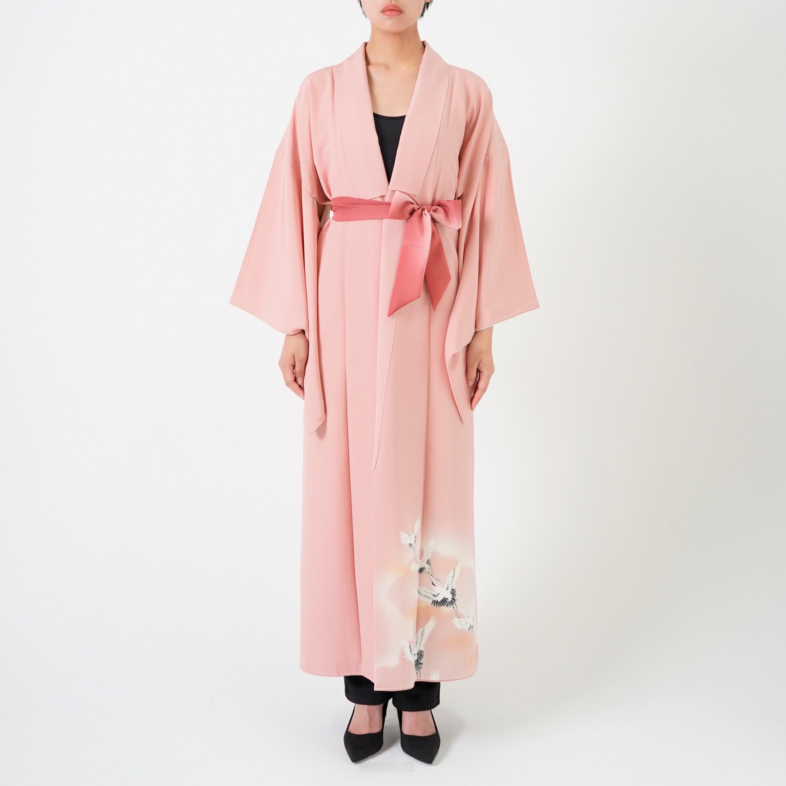 Handcrafted Robe from Vintage Kimono - Pink Vine Design D018