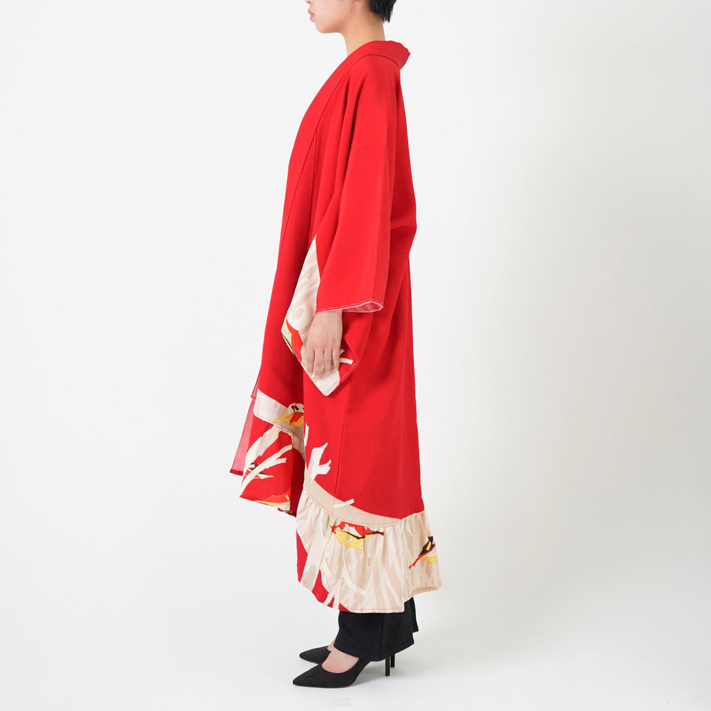 Handcrafted Robe from Vintage Kimono - Red Botanical Design D011
