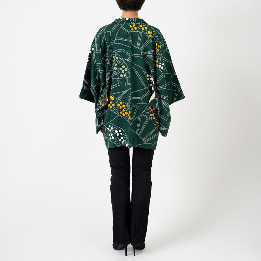 Vintage Kimono Jacket (Haori) - Green Shibori-Dyed H001