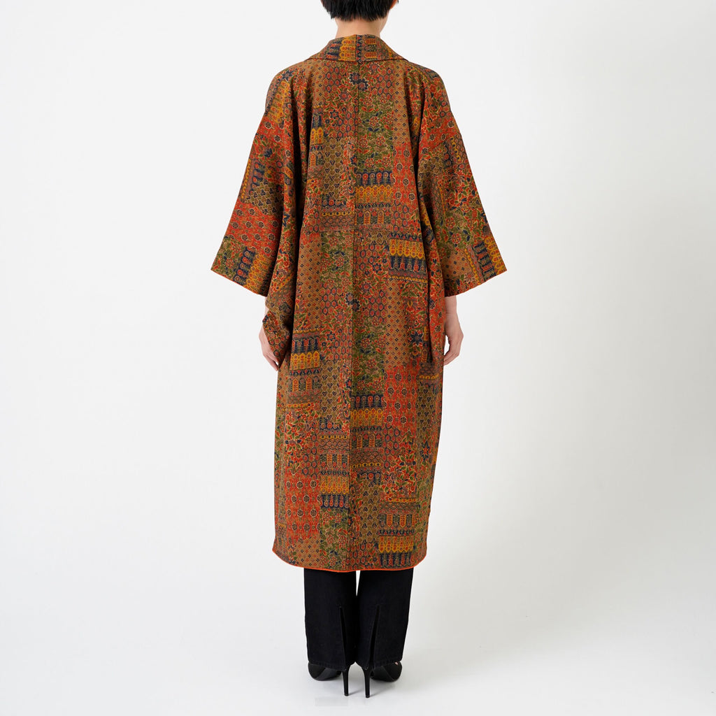 Handcrafted Robe from Vintage Kimono - Orange Calico Design D014