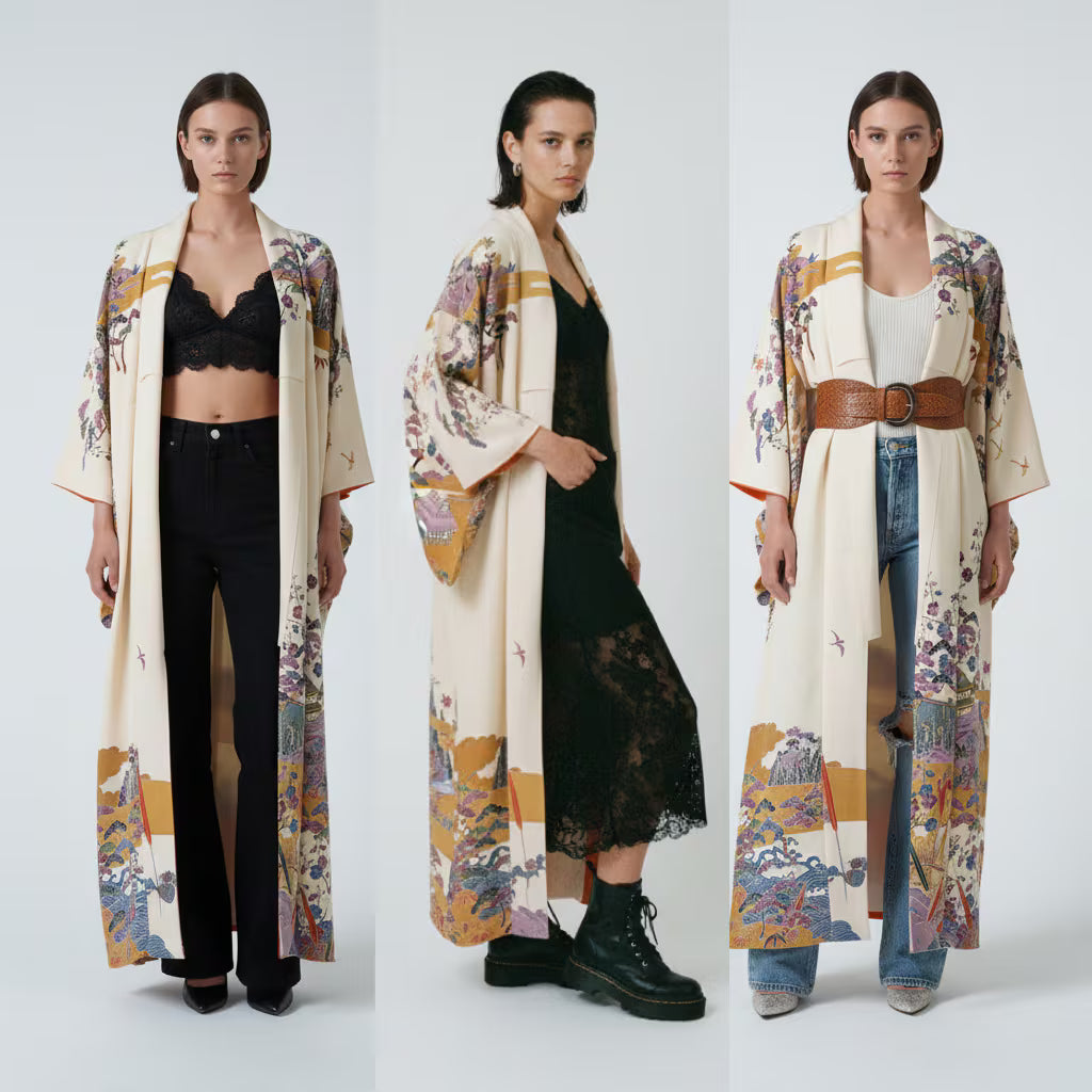 Handcrafted Robe from Vintage Kimono - "Bingata"-Dyed D015