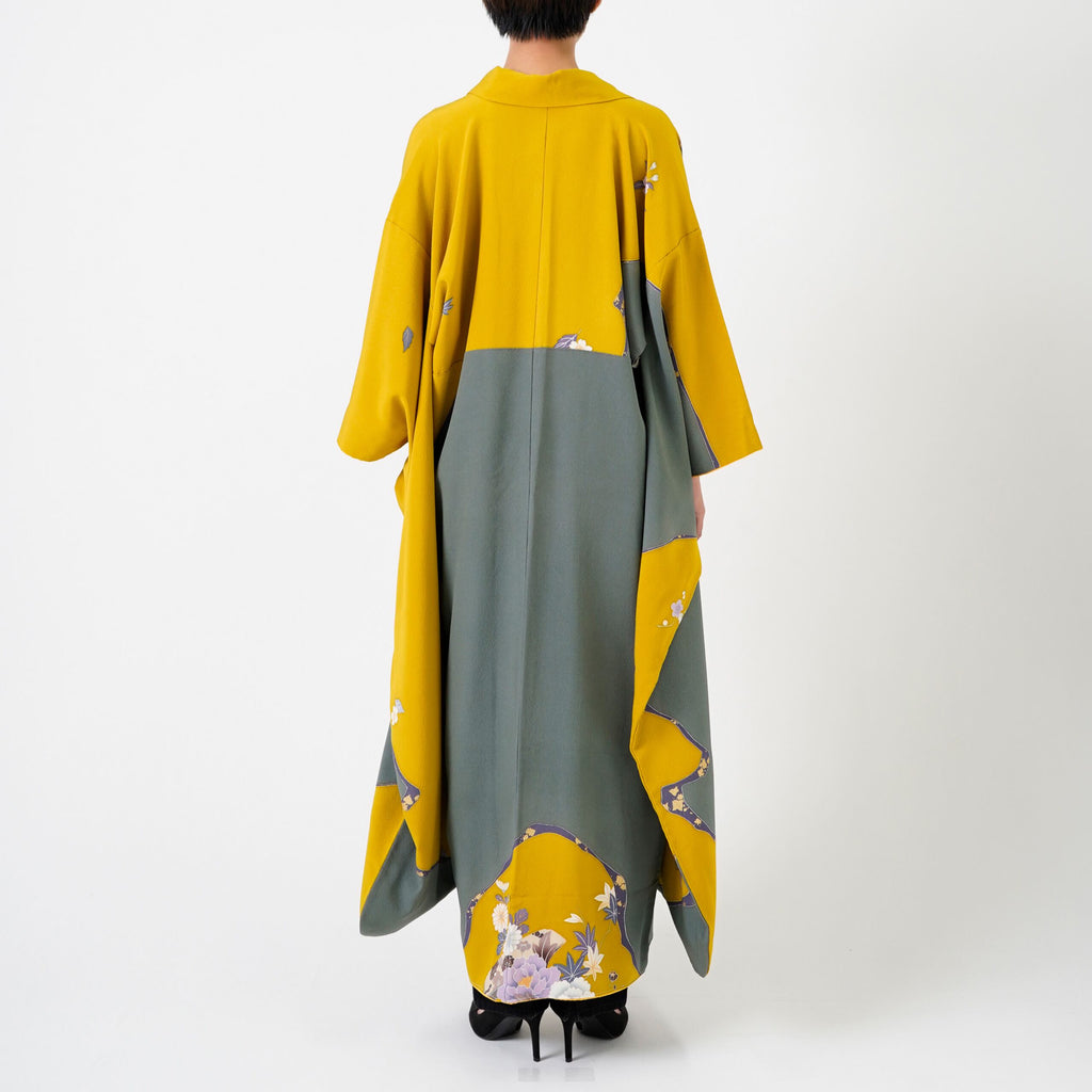 Handcrafted Robe from Vintage Kimono - Yellow Flower Grass Design D017